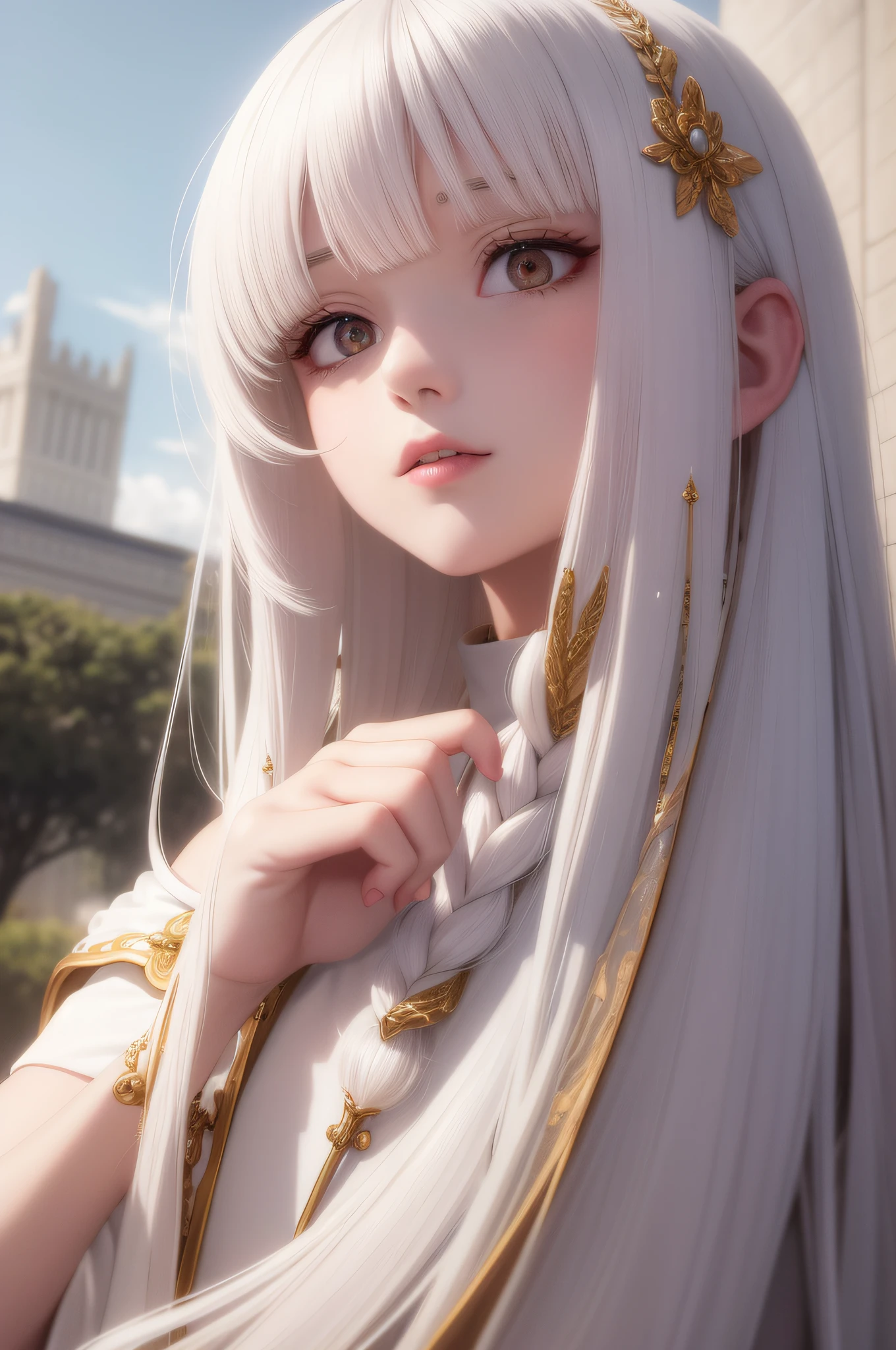 best quality, masterpiece,white hair, gold eyes,white clothes, looking up, upper body,hair strand,Fair skin,side braids