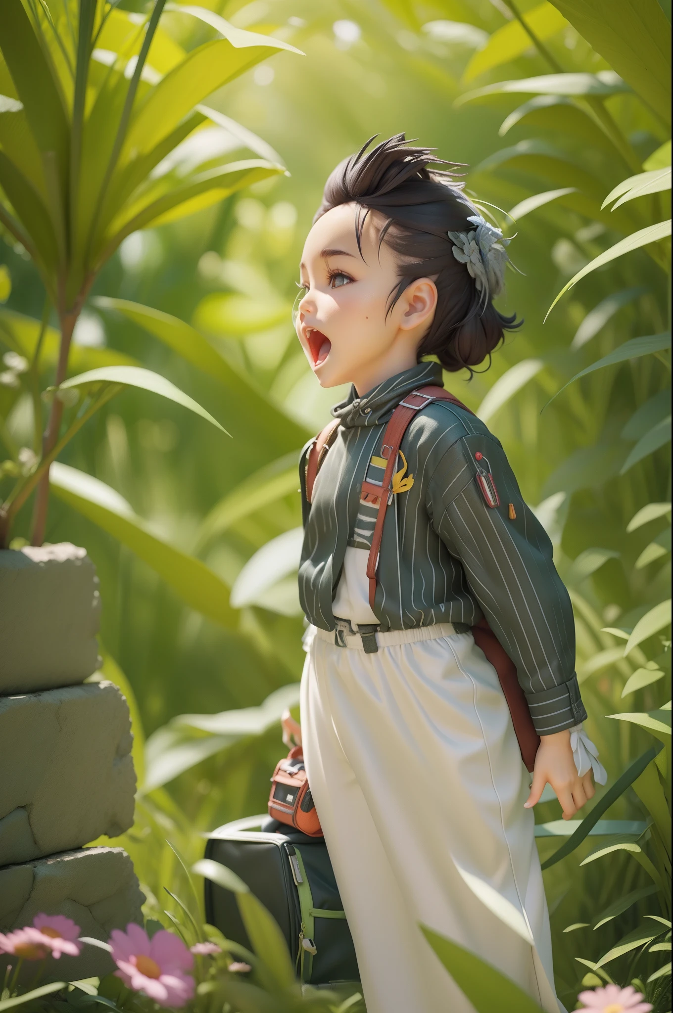 There is a poster，It has a cartoon character whose hair is blown away by the wind，Male explorer mini cute boy，Walk in the wilderness，Jungle of flowers and plants，Animation-style rendering，cute 3 d render，Small characters。Unreal Engine5，Stylized anime，Cute and detailed digital art，Atey Ghailan 8 K，Stylized 3D rendering，adventure hyper realistic render，Anime style 3D，Stylized 3D rendering