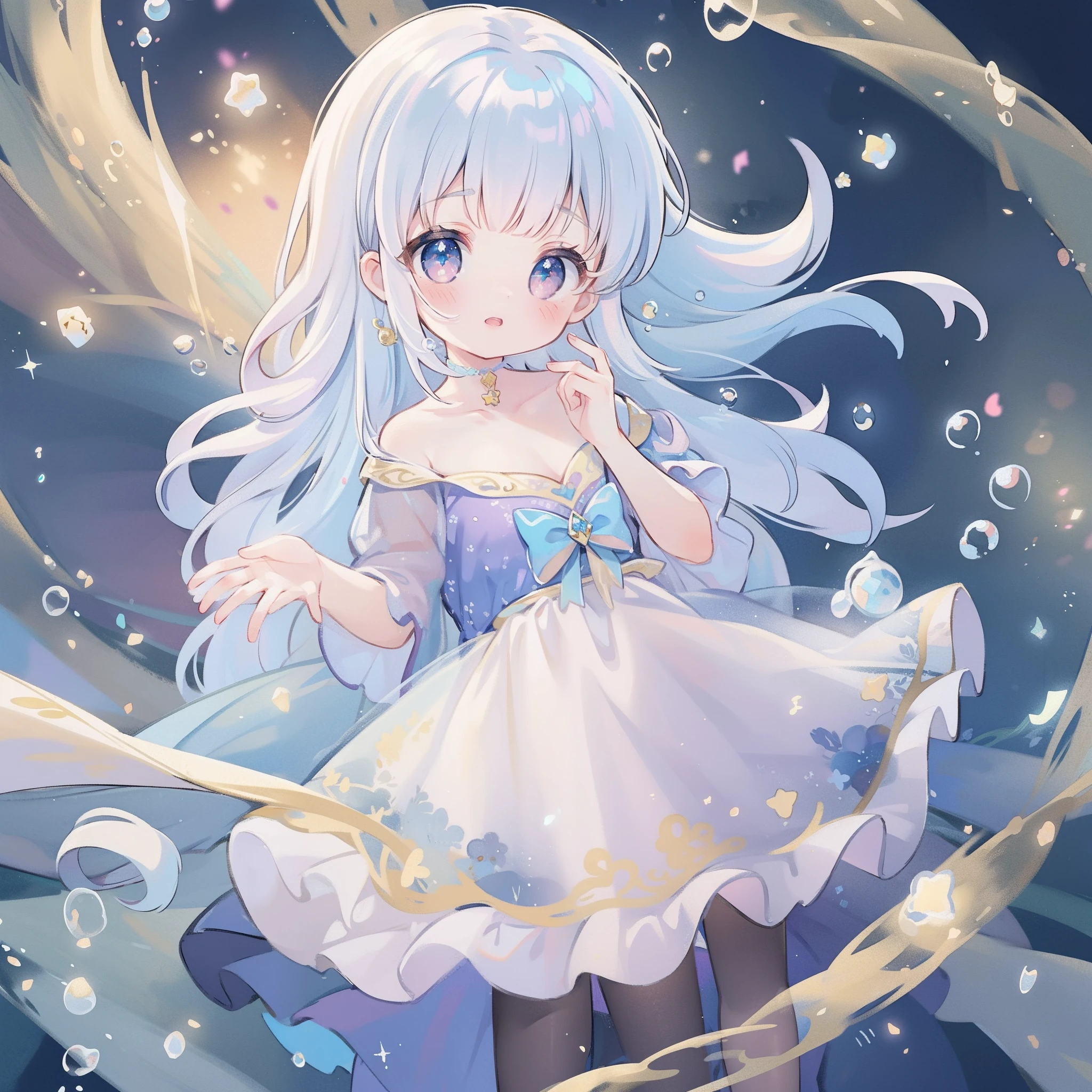masterpiece, best quality, 8k resolution, sharp focus, intricate detail, beautiful girl, sparkling eyes, golden ratio face, otherworldly liquid, watercolor, pastel colors, bright colors, whimsical, colorful, sharp focus, high resolution, fine detail, princess layered ballgown, ((round eyes)), iridescent bubbles, magical