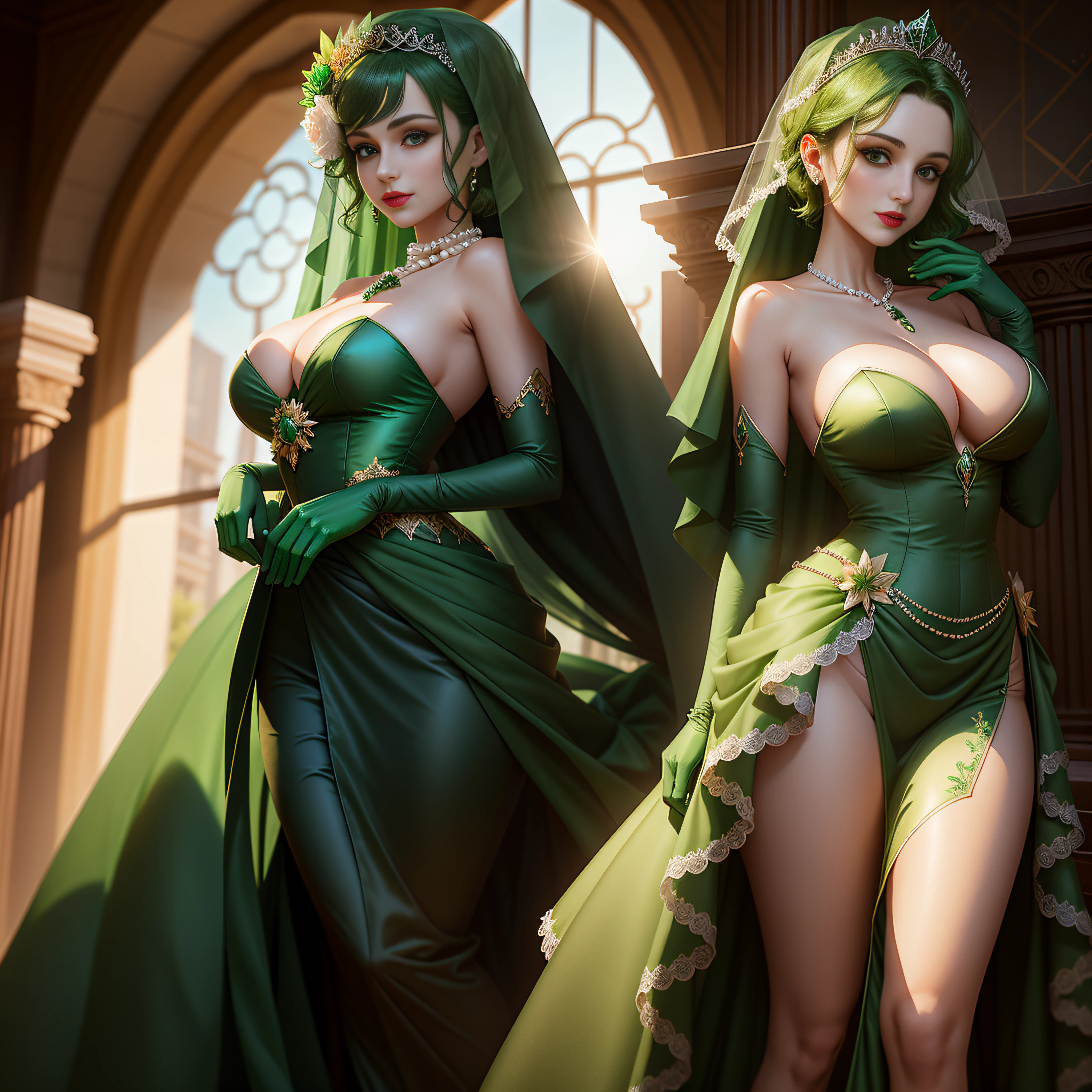 Two women in green dresses pose for photo, Green Dress Flower Cleanser,Sense of atmosphere, best qualtiy,tmasterpiece,1girll,30-years old,Green dress,Daytime Church,full body Esbian, Green gloves,With short green hair,Emerald tiara,big breasts beautiful,looking at viewert,ssmile,Green Bridal Veil,Green Long Grove,Satin green long gloves, lipsticks, Green Pearl Necklace、Green gloves, Short green hair, Green Pearl Necklace, emerald tiara