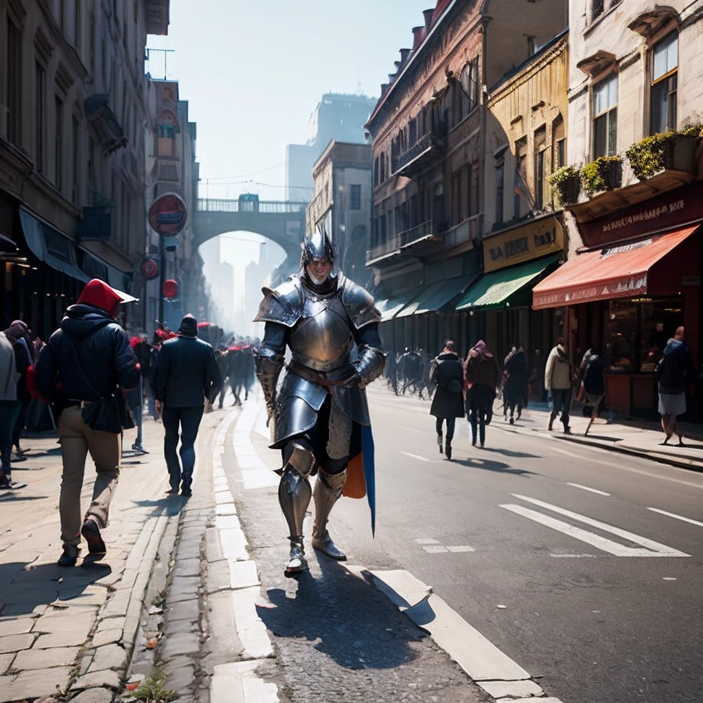 Man wearing medieval armor, but he is in a modern and current city, several people moving through the street( These people are normal people, they don't wear armor, only man wears armor), super realistic, strong shadows and side lights