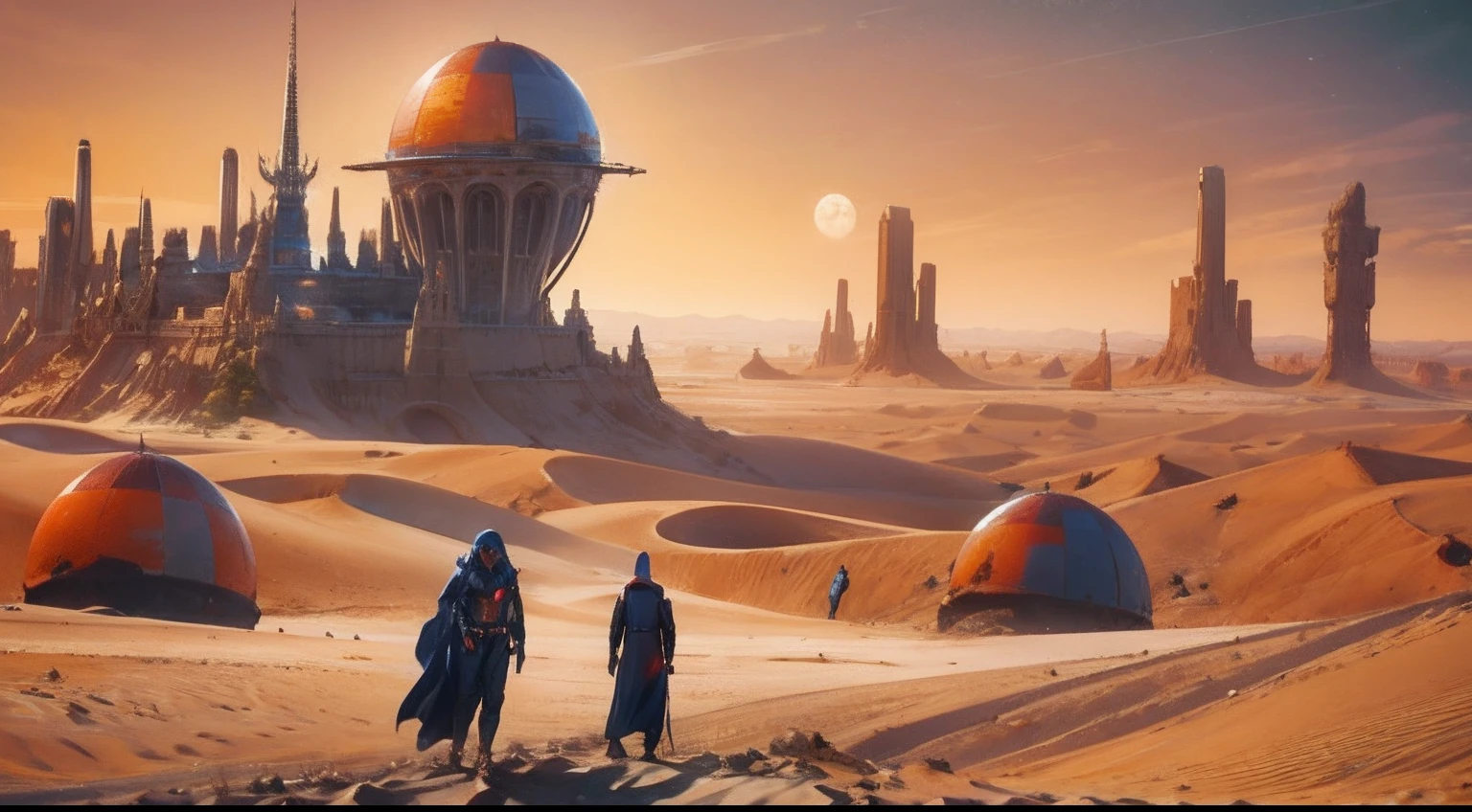 Naked alien vampires on desert dune planet with gigantic fortress and massive ancient alien structures thousands of ft wide and Long red and blue