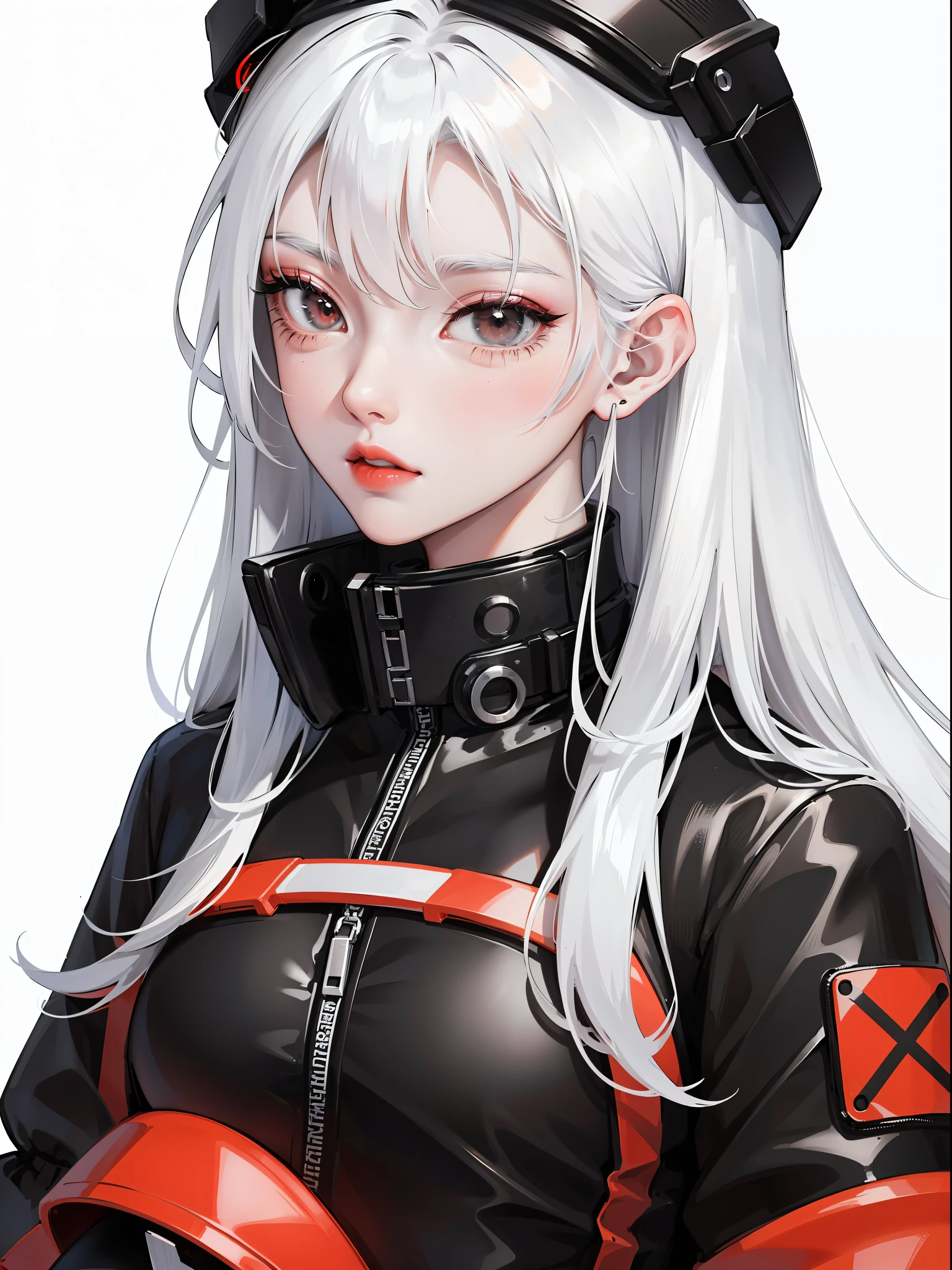 Close-up, anime girl, white hair, black eyes, black white and red techwear clothes, black white and red accessories