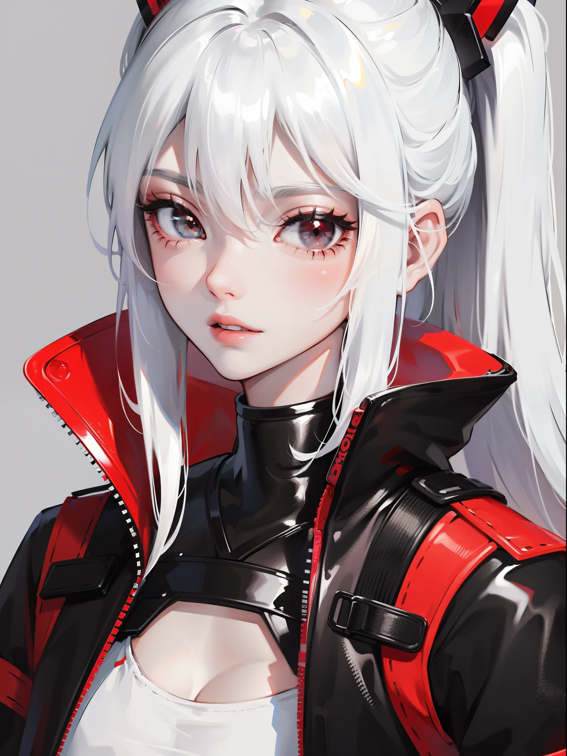 Close-up, anime girl, white hair, black eyes, black white and red techwear clothes, black white and red accessories