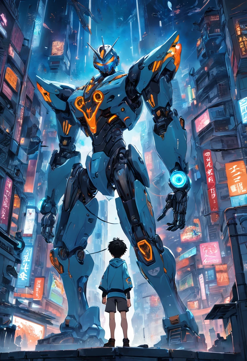 Boy with robotic hand in a cyberpubk world, cabelos pretos, olhos azuis, forte, peitoral, deotoides grandes, bicipes e tricipes definidos, forte, Raising the robotic hand, on top of a building, with the vision of the city