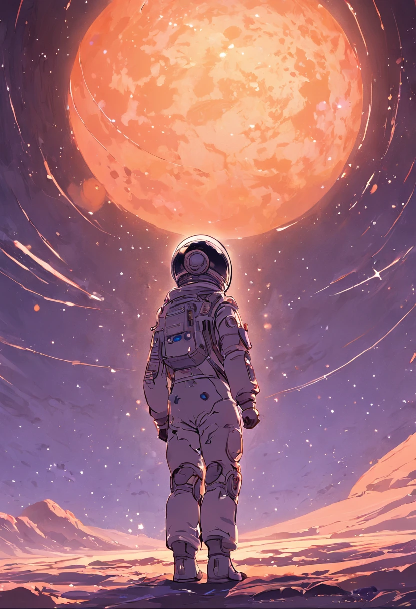 tonalidade roxa,tons brilhantes,Close-up of a man in a space suit standing in the desert, Planetas, flutuando ao lado de planetas, standing in outer space, Makoto Shinkai Cirilo Rolando, amazing wallpapers, Viagens espaciais, staring into space, Fundos de anime, cosmos sem fim no fundo, Dan McPharlin, Kilian Eng. Moebius