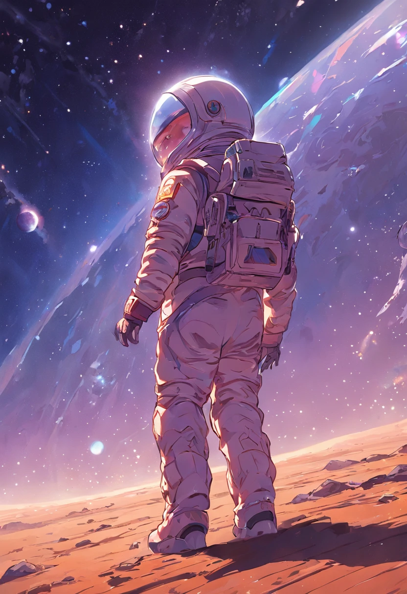 tonalidade roxa，tons brilhantes，Close-up of a man in a space suit standing in the desert, Planetas, flutuando ao lado de planetas, standing in outer space, Makoto Shinkai Cirilo Rolando, amazing wallpapers, Viagens espaciais, staring into space, Fundos de anime, cosmos sem fim no fundo, Dan McPharlin, Kilian Eng. Moebius