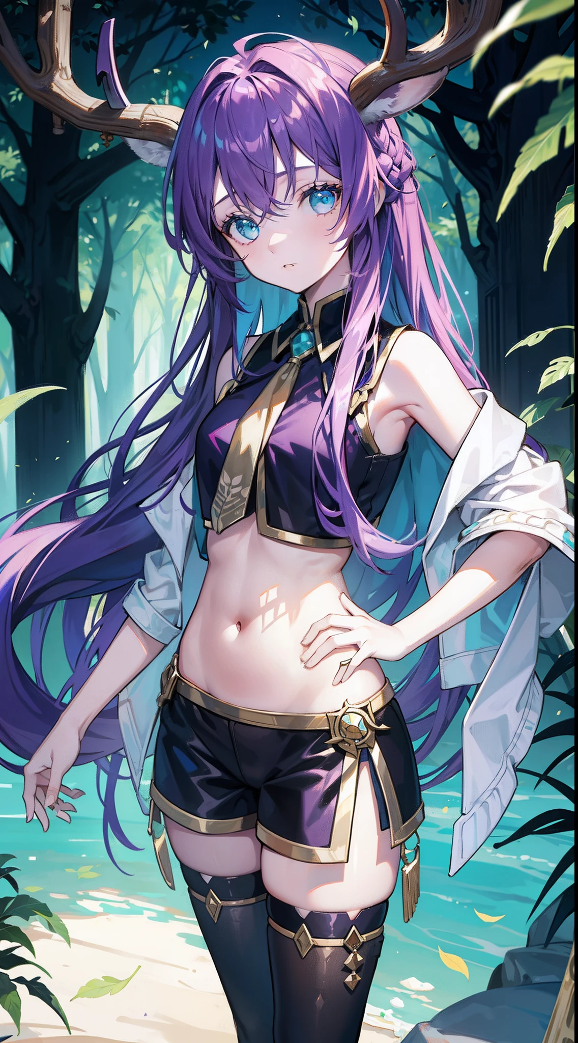 young girl, long purple hair, Cyan eyes, Deer antlers, confusion, Clothes made of leaves, Sleeveless, open belly, Masterpiece, hiquality