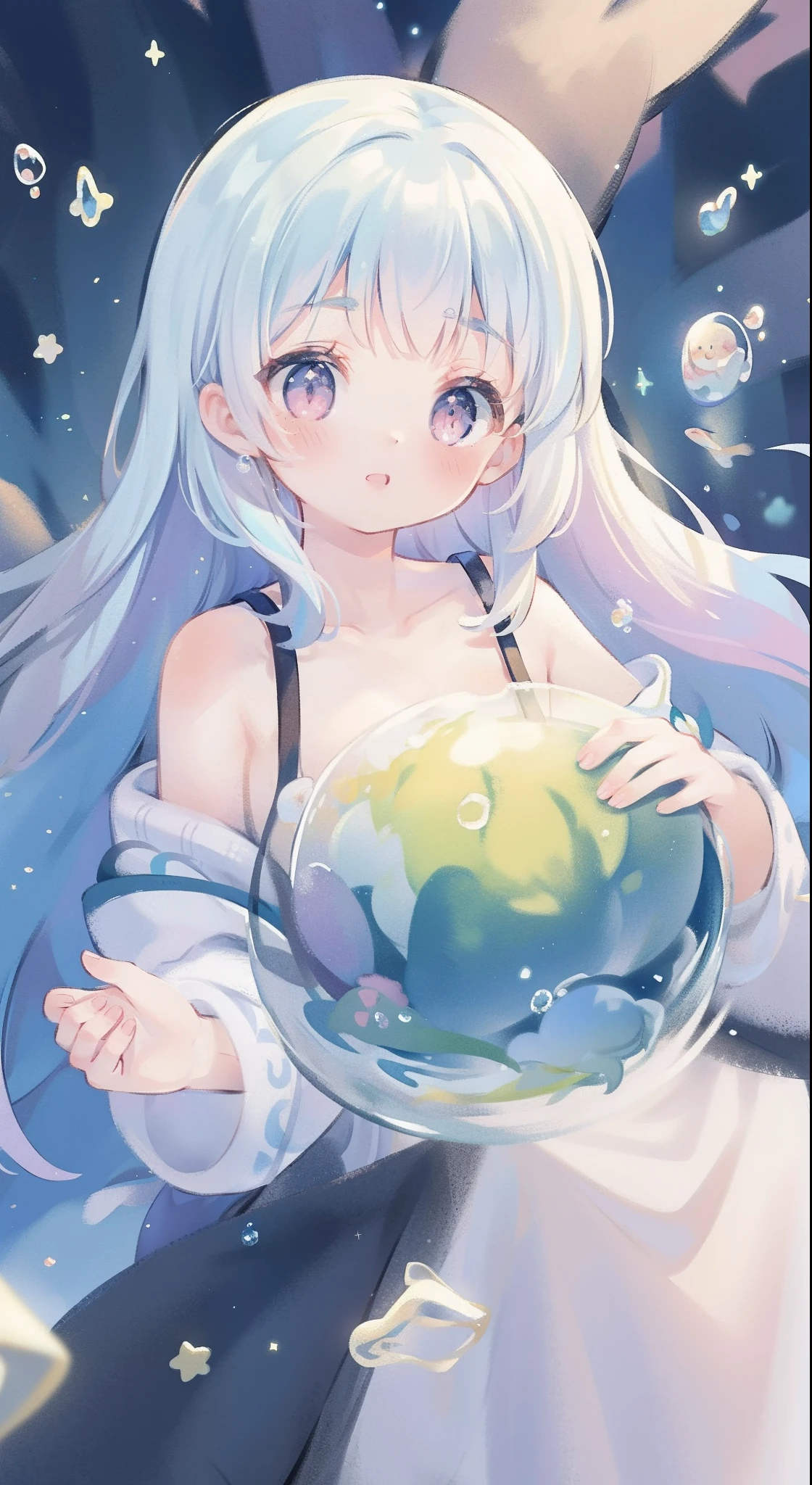masterpiece, best quality, 8k resolution, sharp focus, intricate detail, beautiful girl, sparkling eyes, golden ratio face, otherworldly liquid, watercolor, pastel colors, bright colors, whimsical, colorful, sharp focus, high resolution, fine detail, fantasy ballgown, ((round eyes)), iridescent bubbles