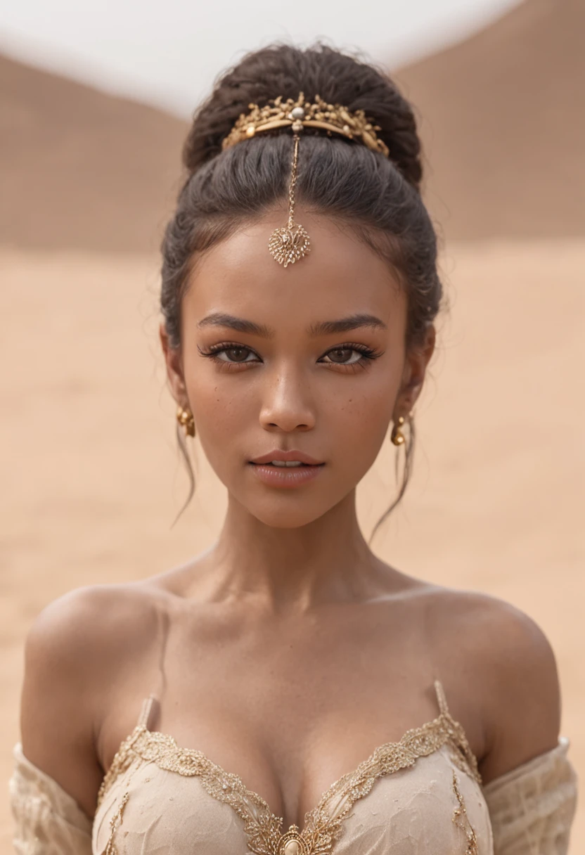 black skin, beautiful face, afro hair, dark black hair, natural afro, long hair, African tribal theme, gold jewelry, gold earrings, ((crystal clear hazel eyes:1.2)), detailed eyes, beautiful eyes, ((masterpiece, UHD, 8K)), Depth of field, sand dunes, dessert tent, oasis, camel, skin is greased up, cleavage is greased, cleavage, 36DD breasts, focus on eyes, breasts popping out, detailed skin, freckles, kissing lips, seductive look, texture skin, sexy shoulders, visible shoulders, bare shoulders, see through clothing, layer of clothing falling off shoulder, gold sparkles on face, golden brown tan, highly detailed skin, long eyelashes, black mascara, perfect face, facing the viewer, ((full body image:1.4)), showing legs, showing white lacy panties, see through dress, embroidered dress, barefoot, walking on sand
