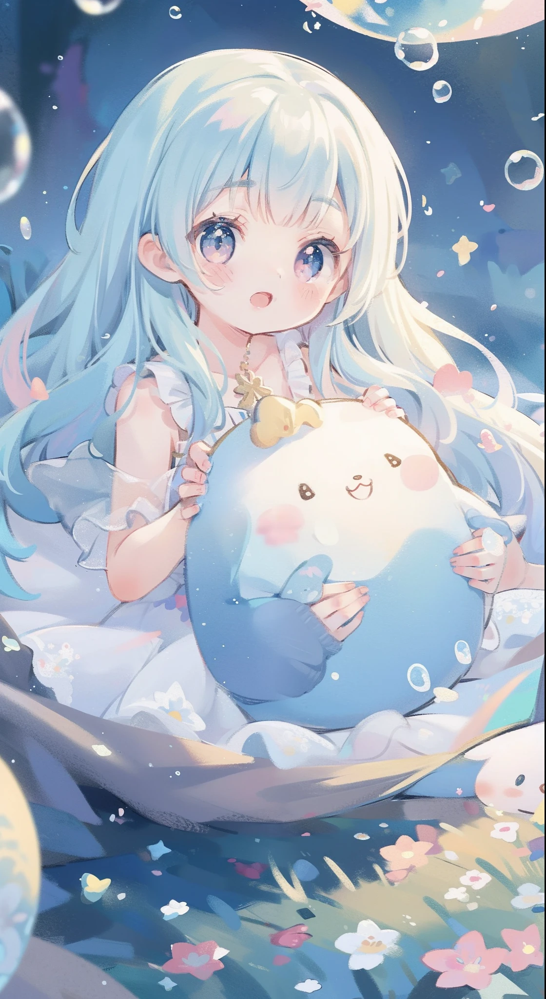 masterpiece, best quality, 8k resolution, sharp focus, intricate detail, beautiful girl, sparkling eyes, golden ratio face, otherworldly liquid, watercolor, pastel colors, bright colors, whimsical, colorful, sharp focus, high resolution, fine detail, fantasy ballgown, ((round eyes)), iridescent bubbles
