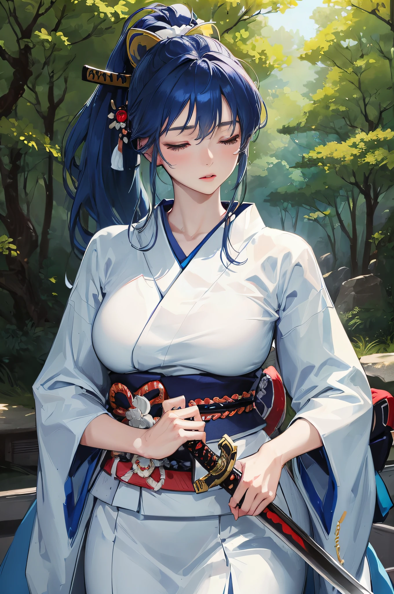 official art, masterpiece, sharp focus, (beautiful cute Japan woman:1.3), (beautiful cute Japan:1.3), japan beauty, Delicate and beautiful hair and face, realistic, ultra detailed, beautiful girl, Standing in the deep forest, long ponytail, ((ready a samurai sword)), Gripping her sword next to her body, (with a scabbard), slender, Lovely very large hips, quiet, serious, ((closed eyes)), scenery, blue belt, ((detailed blue hair)), (white kimono), pale skin, epic scenery,