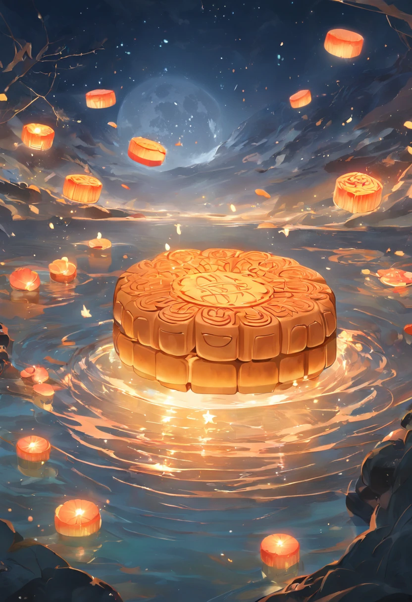 Mooncakes form a creative stage,Scene of the river flowing,Bright moon,best qualtiy,3D modeling rendering,C4D style,wide wide shot,8K,