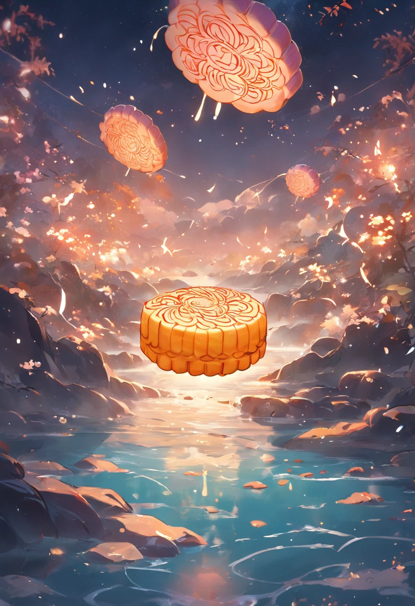 Mooncakes form a creative stage,Scene of the river flowing,Bright moon,best qualtiy,3D modeling rendering,C4D style,wide wide shot,8K,