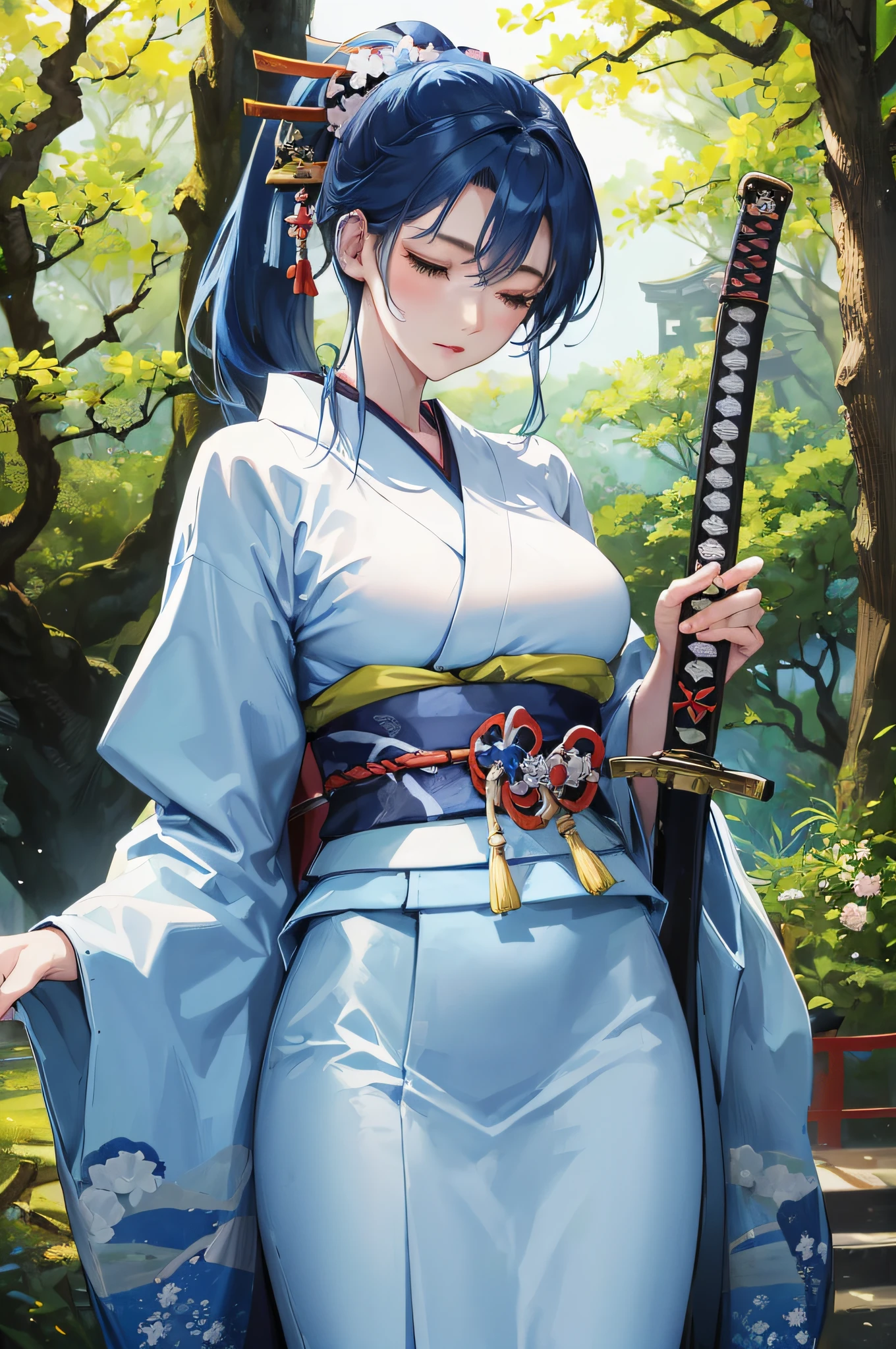 official art, masterpiece, sharp focus, (beautiful cute Japan woman:1.3), (beautiful cute Japan:1.3), japan beauty, Delicate and beautiful hair and face, realistic, ultra detailed, beautiful girl, Standing in the deep forest, long ponytail, ((ready a samurai sword)), Gripping her sword next to her body, (with a scabbard), slender, Lovely very large hips, quiet, serious, ((closed eyes)), scenery, blue belt, ((detailed blue hair)), (white kimono), pale skin, epic scenery,