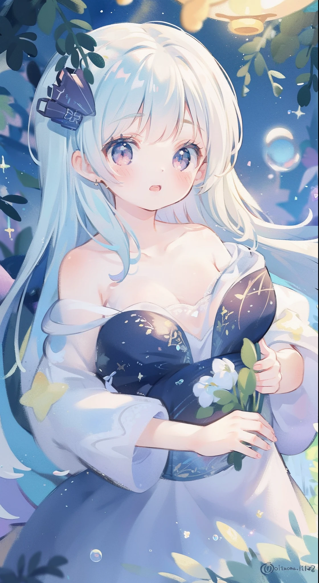 32k, highest quality, expensive_solve, clear_image, detailed background, girl, flower, garden, starry sky, Beautiful modeling, smile,  lots of butterflies々, big breasts , naked, 