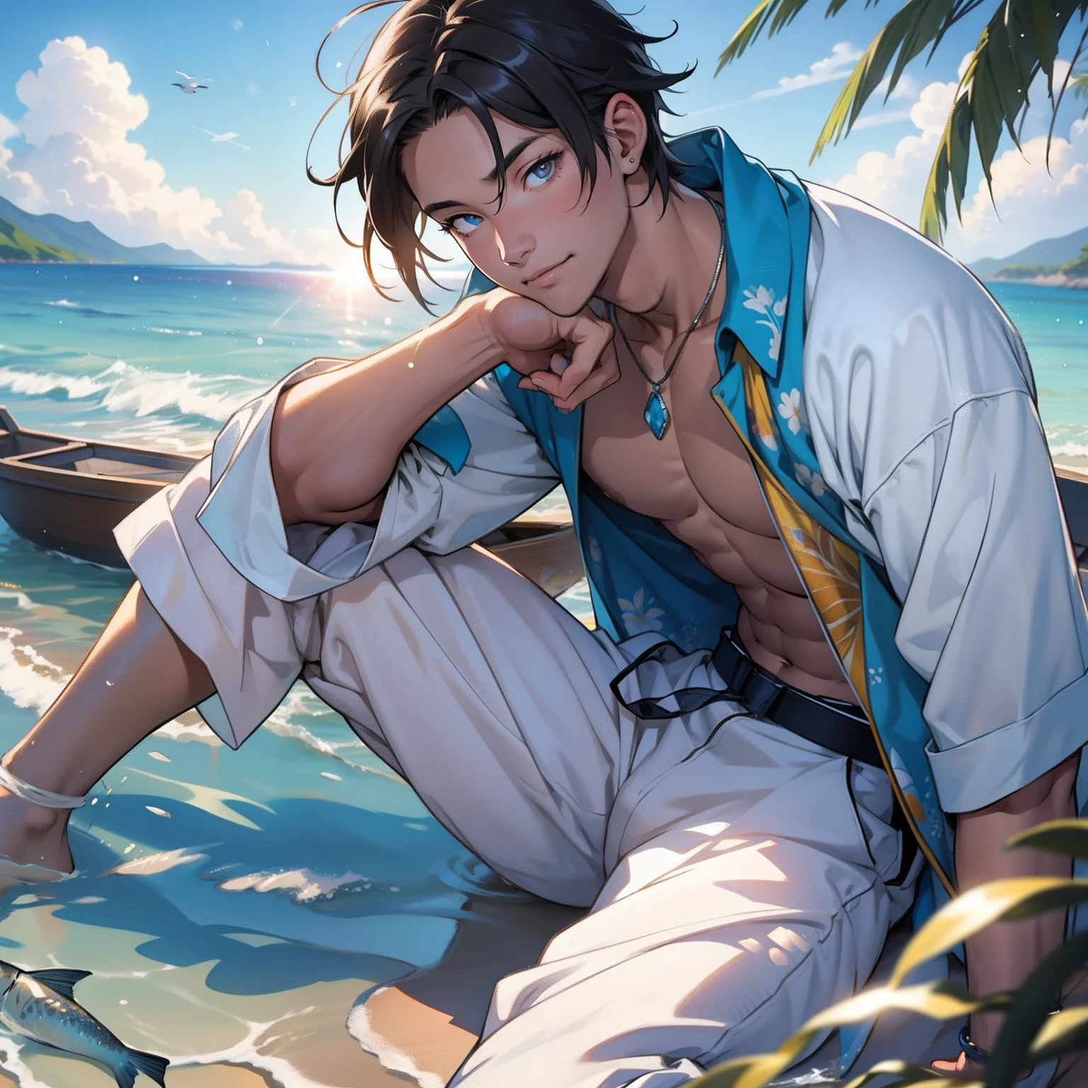 masutepiece, High resolution, 8K, Men in anime, Delicate and detailed writing 、Detailed digital illustration、细致背景、masterpiece、Soft Focus , Bright gradient watercolor , Lens Flare , Glitter , Glow , Dreamy ,beautiful male、Hawaiian sea beach background、fisherman、The appearance of fishing、Fish bouncing、Splash background、extra detailed face、boat in background、very large and slit eyes,,,,,、Eyes shine like diamonds、Fishing on the sandy beach、Sitting on the sandy beach、fisherman、White bee on the head、Dressed in a white fisherman's costume、A detailed face、high-level image quality、Hi-Res、hightquality,