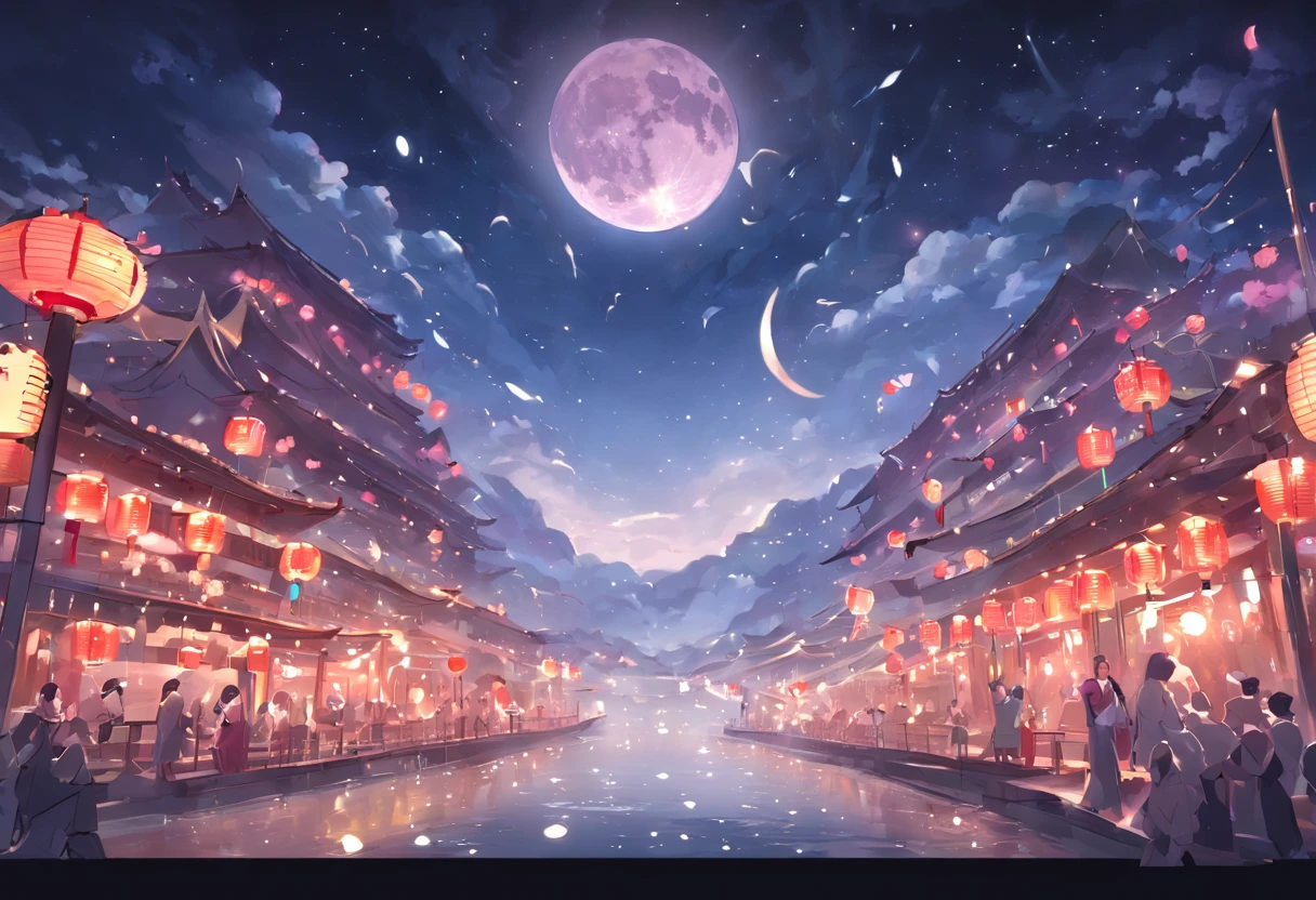 Mooncakes form the stage for performance，Scene of the river flowing，Bright moon，best qualtiy，3D modeling rendering，C4D style，wide wide shot，8K，
