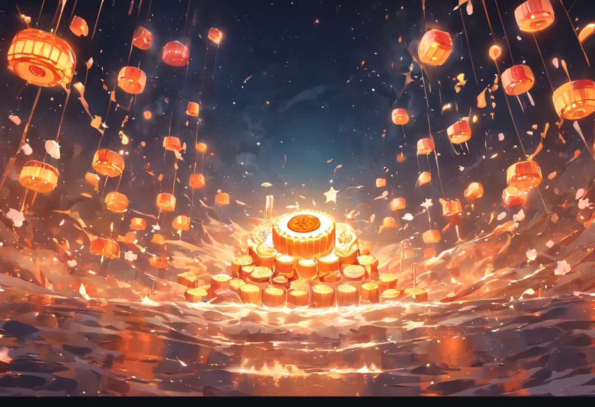 Mooncakes form the stage for performance,Scene of the river flowing,Bright moon,best qualtiy,3D modeling rendering,C4D style,wide wide shot,8K,