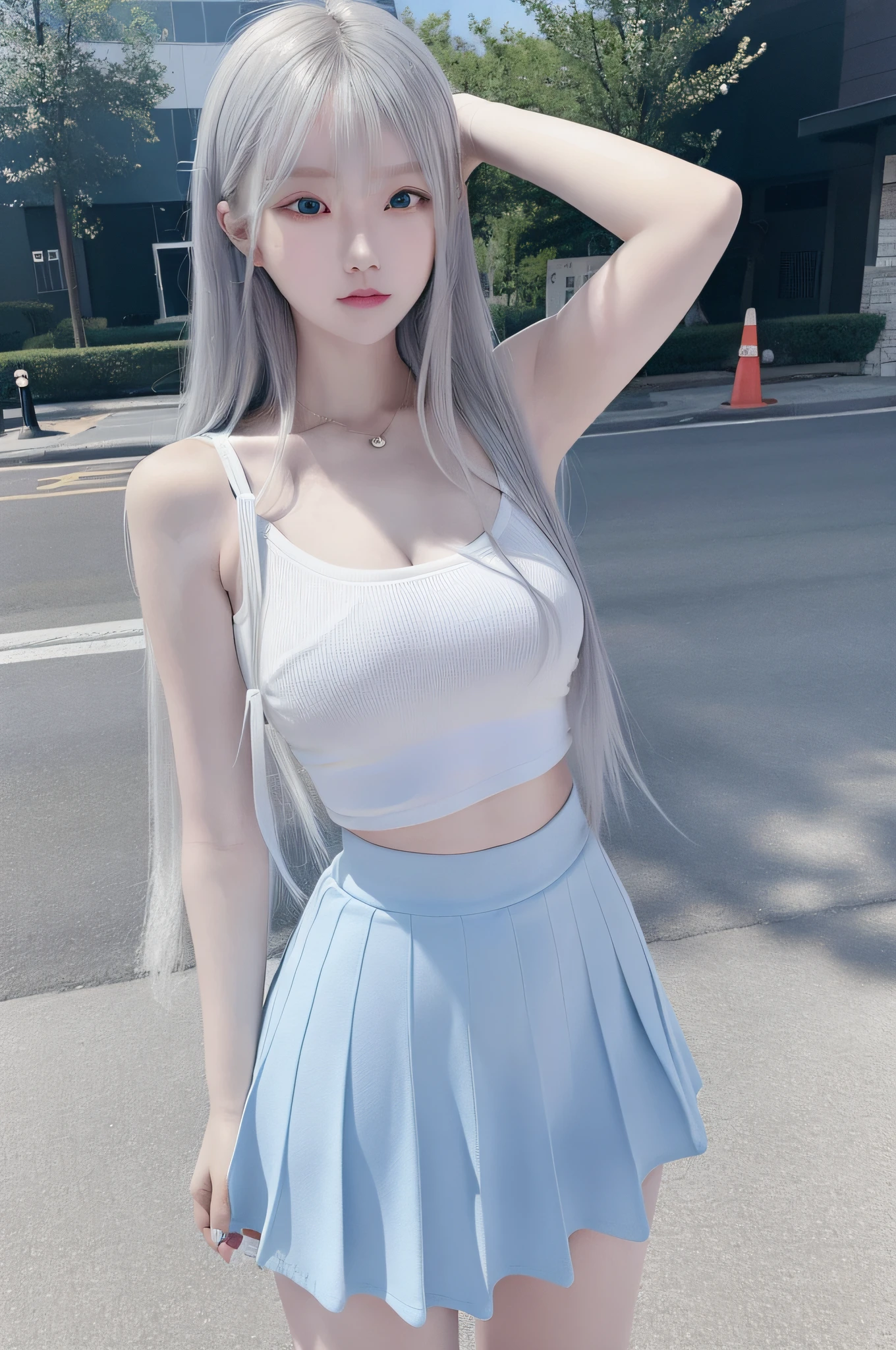 1girll, white skinned, korean people, 年轻, long whitr hair, Bright blue eyes,ssmile,Cropped crop top,grey short skirt,high detal, 8k, super detailing, A high resolution, best qualtiy, high qulity, high detal, Textured skin, tmasterpiece