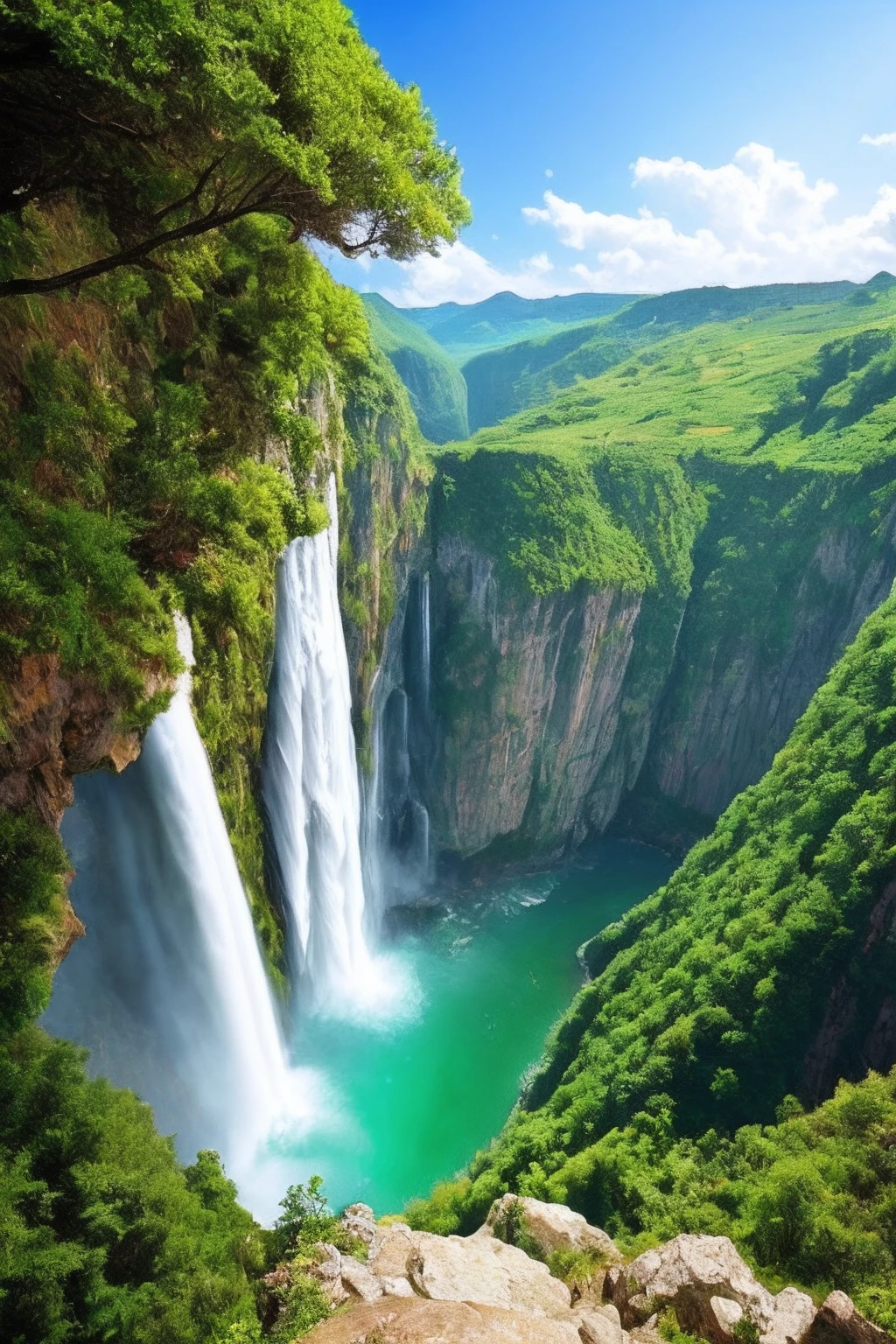 Masterpiece, ultimate quality, Cg unity 8k wallpaper, super delicate, beautiful sky and clouds, rich natural scenery, cliffs, lakes and rivers, waterfalls and flying water, beautiful green mountains, no trace of people, excellent scenery, has already won a photo contest, background Blurring, full depth of field, HDR high dynamics, true restoration, intricate, extreme details, dramatic presentation, perfectly presenting the style of midjourney art.