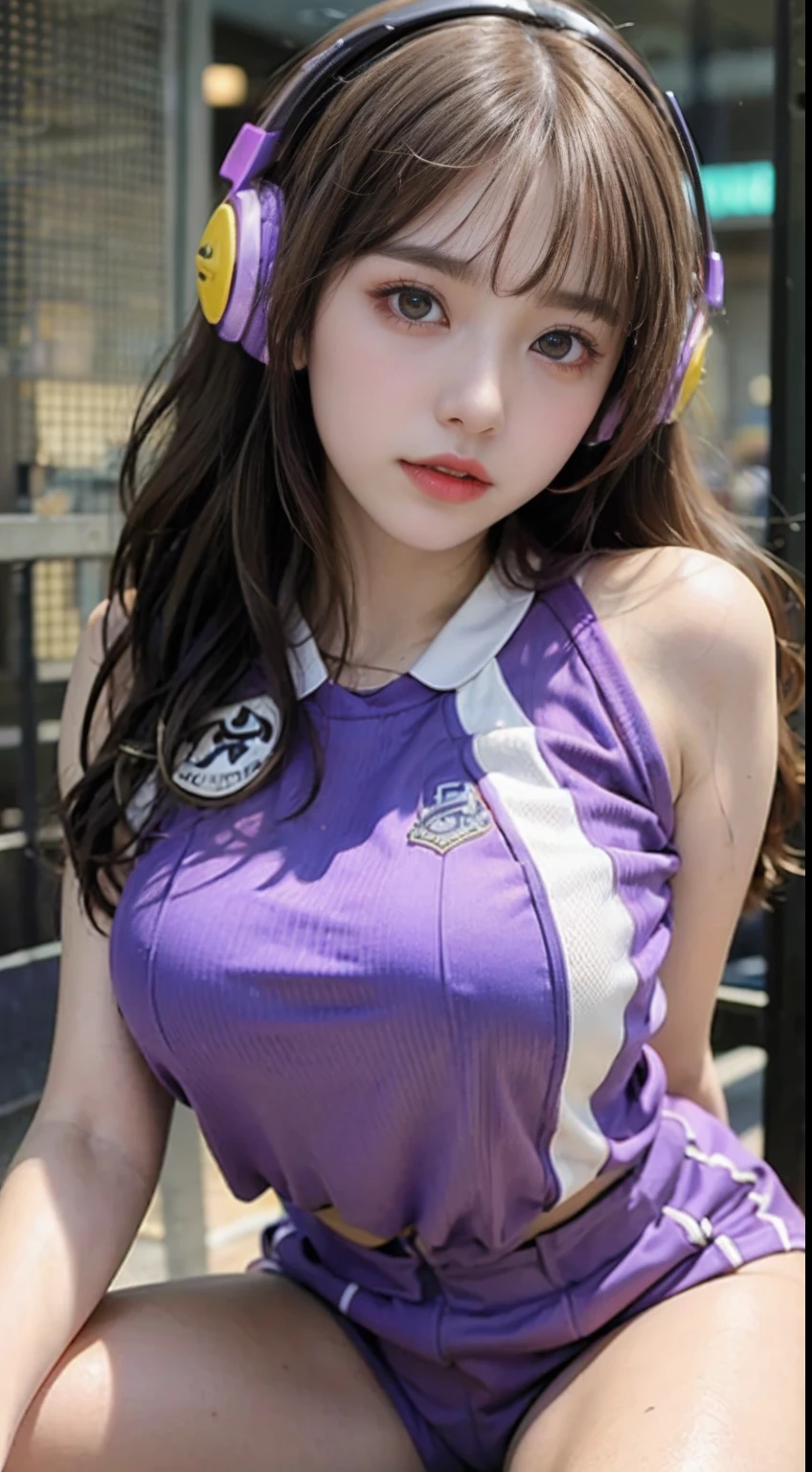 top-quality、tmasterpiece、超A high resolution、(Photorealsitic:1.4)、RAW photo、1girl in、glowy skin、headset on head、((Super realistic details))、porate、globalillumination、black shadows、octan render、8K、ultrasharp、((Delicate body shape))、Future hair accessories、(Basketball team uniforms:1.3)、nedium breasts、((Colossal tits:1.4))、(dark tanned skin:1.4)、highly intricate detail、Realistic light、metallic luster、CGSoation trends、(a purple eye:1.4)、(Radiant eyes)、Facing the camera、neon light detail、Sit on the、Cyberpunk background、small led lights、(Get purple and green illumination from behind)、