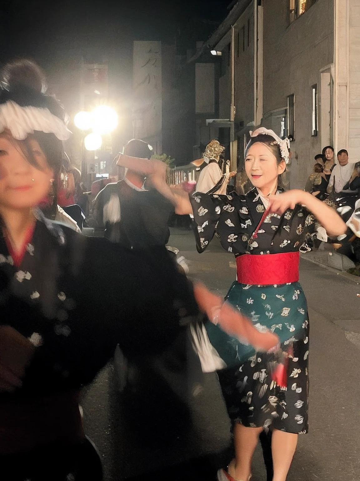 There are two women in costumes dancing in the street, still from live action movie, live action movie scene, in a japanese town at night, other women dancing behind, by Yasushi Sugiyama, by Katsukawa Shun'ei, live-action archival footage, by Aguri Uchida, けもの