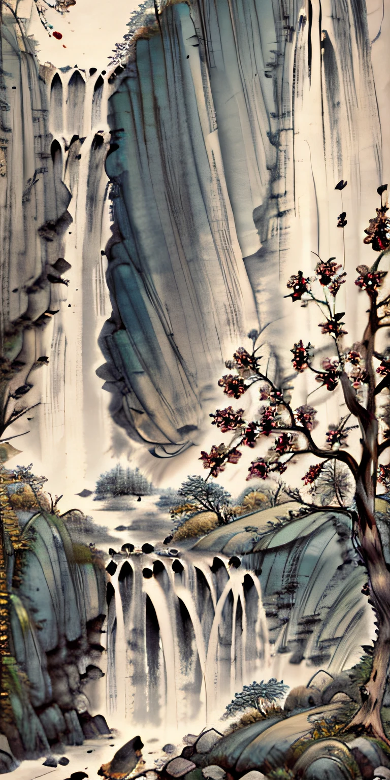 There is a painting of a waterfall with a tree in the foreground ...