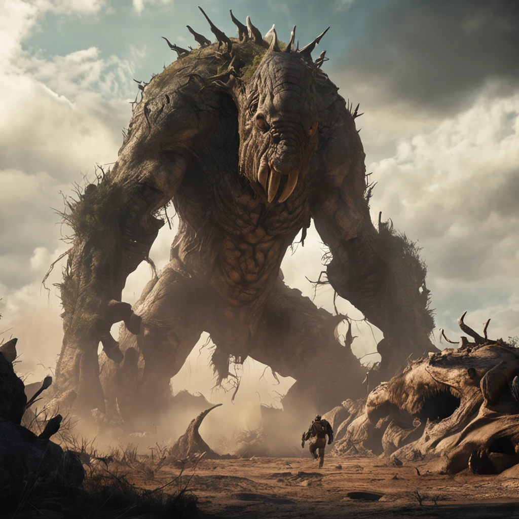 Giant creatures(divino)It is a giant creature that lives underground,Alien natives against alien invasion armies,Also known as the god of the earth by the locals, He rushed out of the ground to join the battlefield(Breaking ground),The size of the giant creature avatar,The state of rushing out and the environment of the battlefield, The magnificence of the battlefield, (Large number of people) Sacrifice and prayer, (Horizontal composition)Haze Low saturation