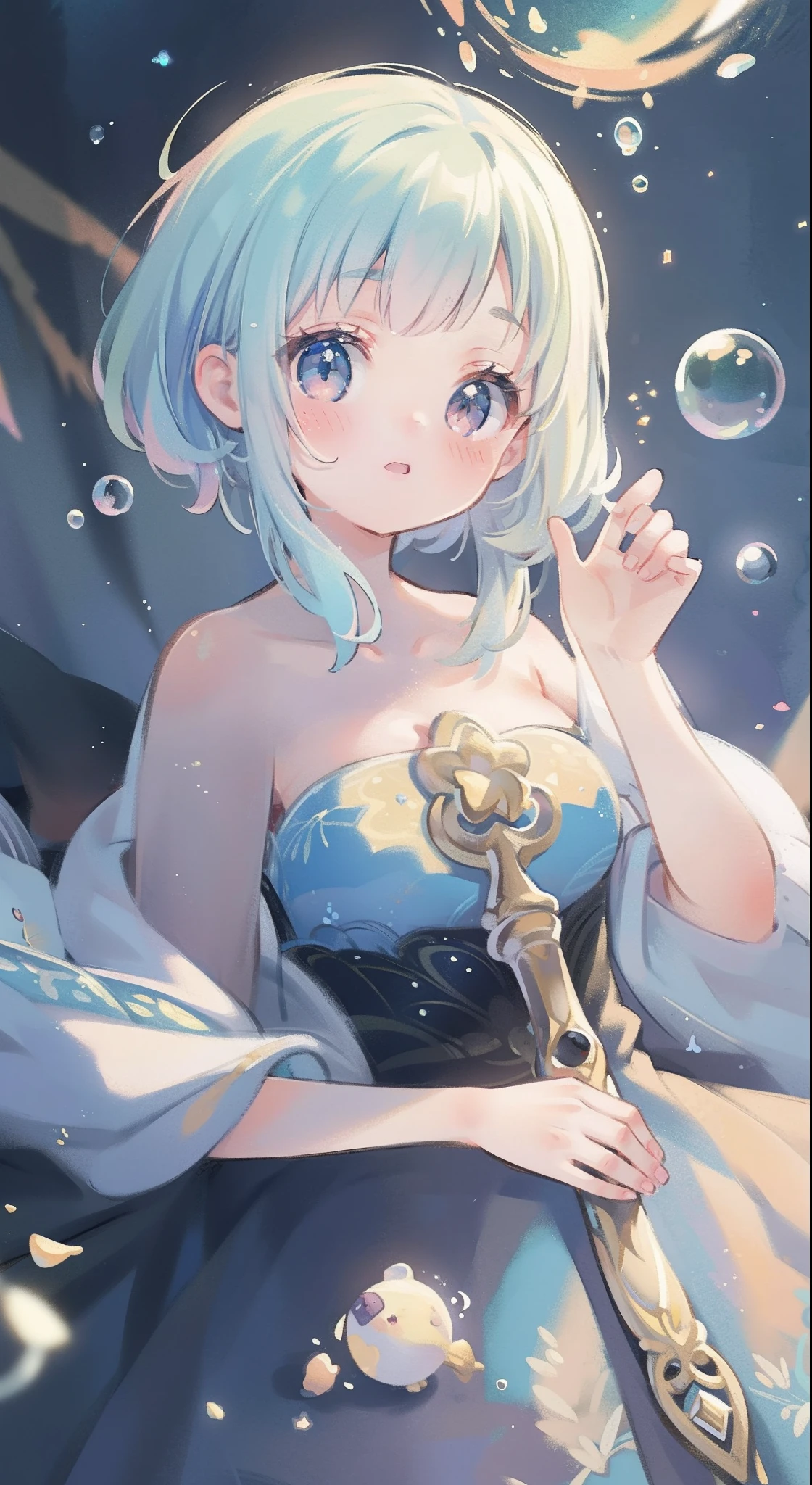 masterpiece, best quality, 8k resolution, sharp focus, intricate detail, beautiful girl, sparkling eyes, golden ratio face, otherworldly liquid, watercolor, ((pastel colors)), bright colors, whimsical, colorful, sharp focus, high resolution, fine detail, ((layered ballgown)), iridescent bubbles