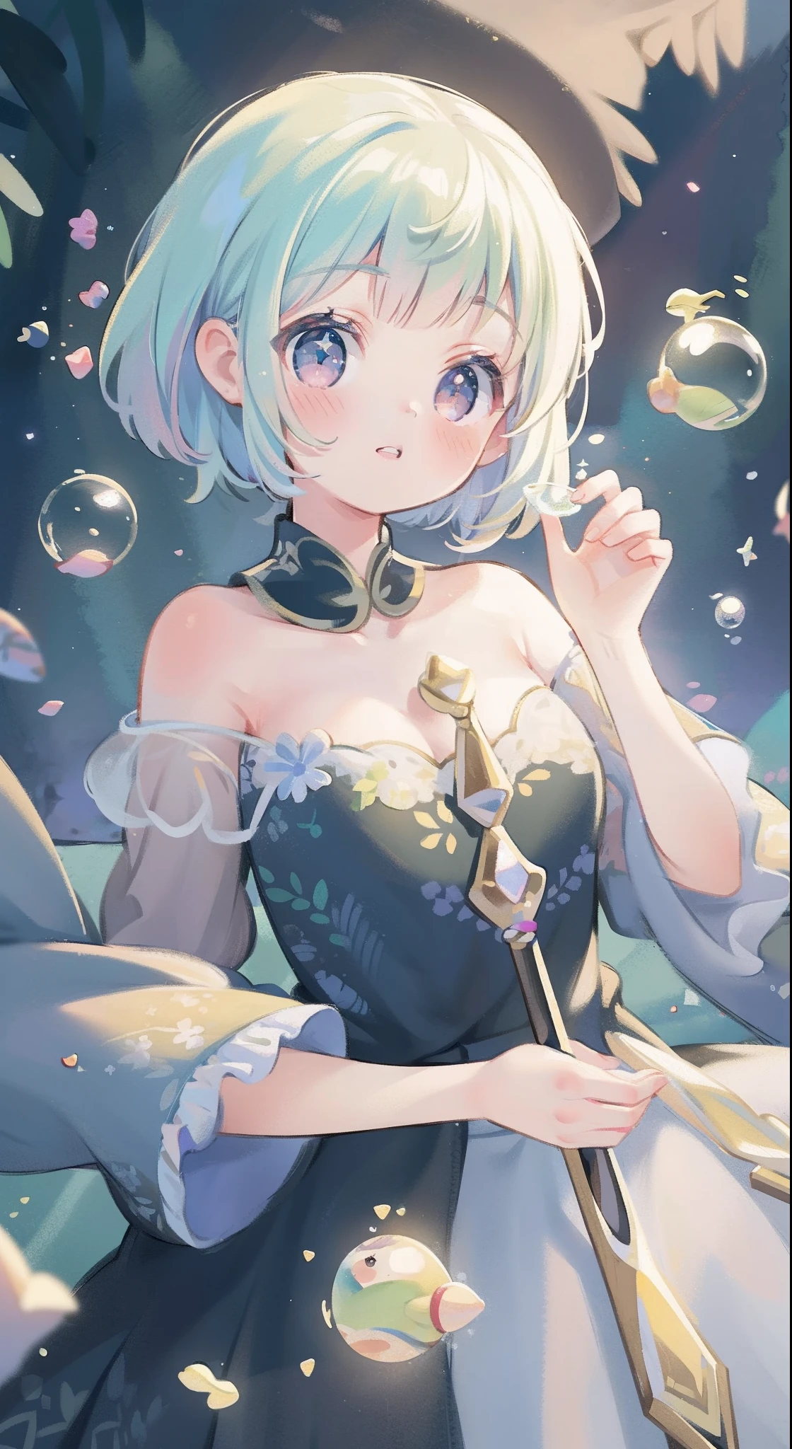 masterpiece, best quality, 8k resolution, sharp focus, intricate detail, beautiful girl, sparkling eyes, golden ratio face, otherworldly liquid, watercolor, pastel colors, bright colors, whimsical, colorful, sharp focus, high resolution, fine detail, fantasy ballgown, ((round eyes)), iridescent bubbles