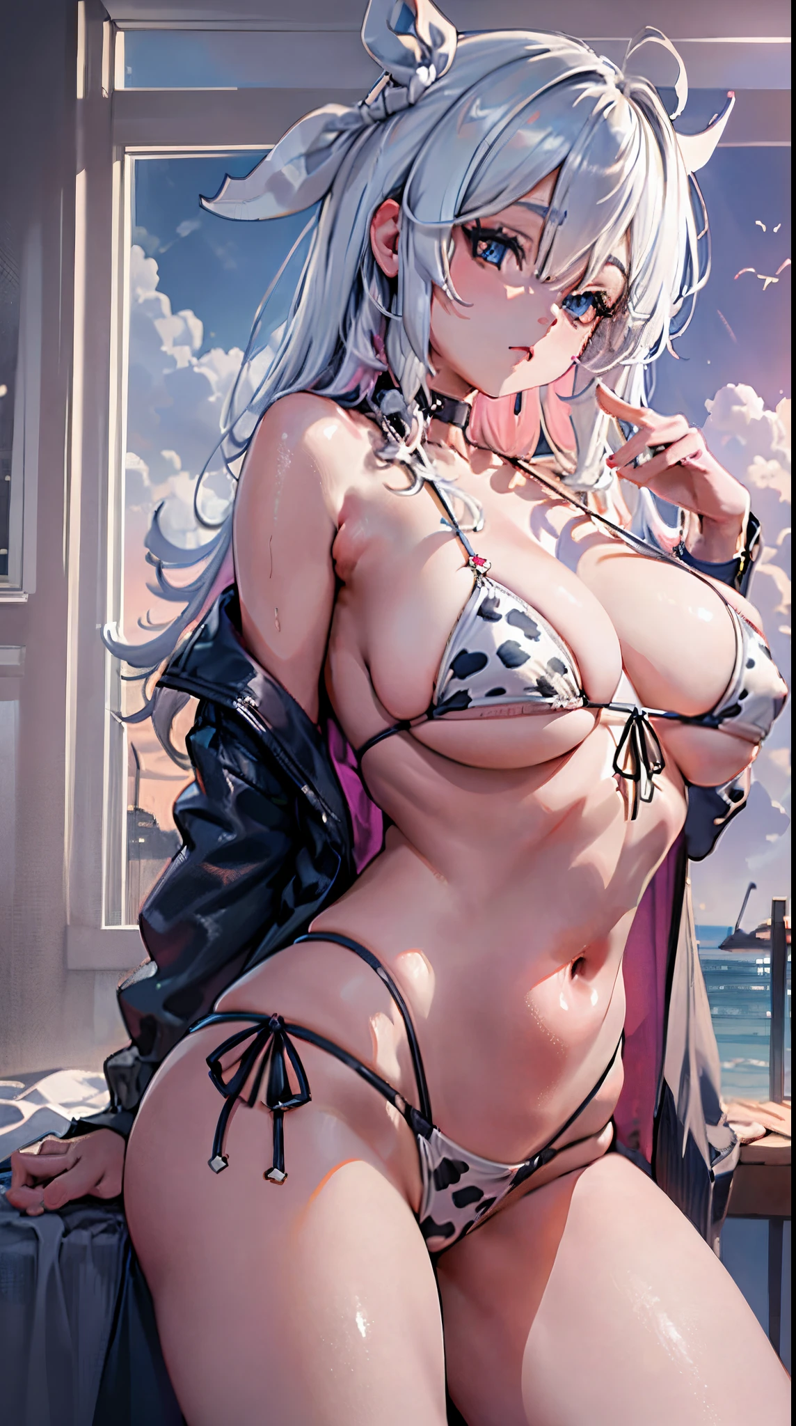 Cheers Saki | Blue Archives, Iwhole Body, (NSTDA.:1.2), (10, beste-Qualit, master-piece: 1.4), ultra-high resolution, (Realistic, photorealistic portrait: 1.48), 20 years old girl , ( Micro Beetle View - Bikini Pass:1.11),Cow's milk bikini print, Famous Japanese celebrities, gigantic breasts, Blue Eyes, Head Tilted, cowboy shot, View from the front, looking at the audience, expressionless, Beautiful Sea Zeiss f 150mm/ 2.8 Hasselblad, Whole body, foot , Ultra-Wide Angle