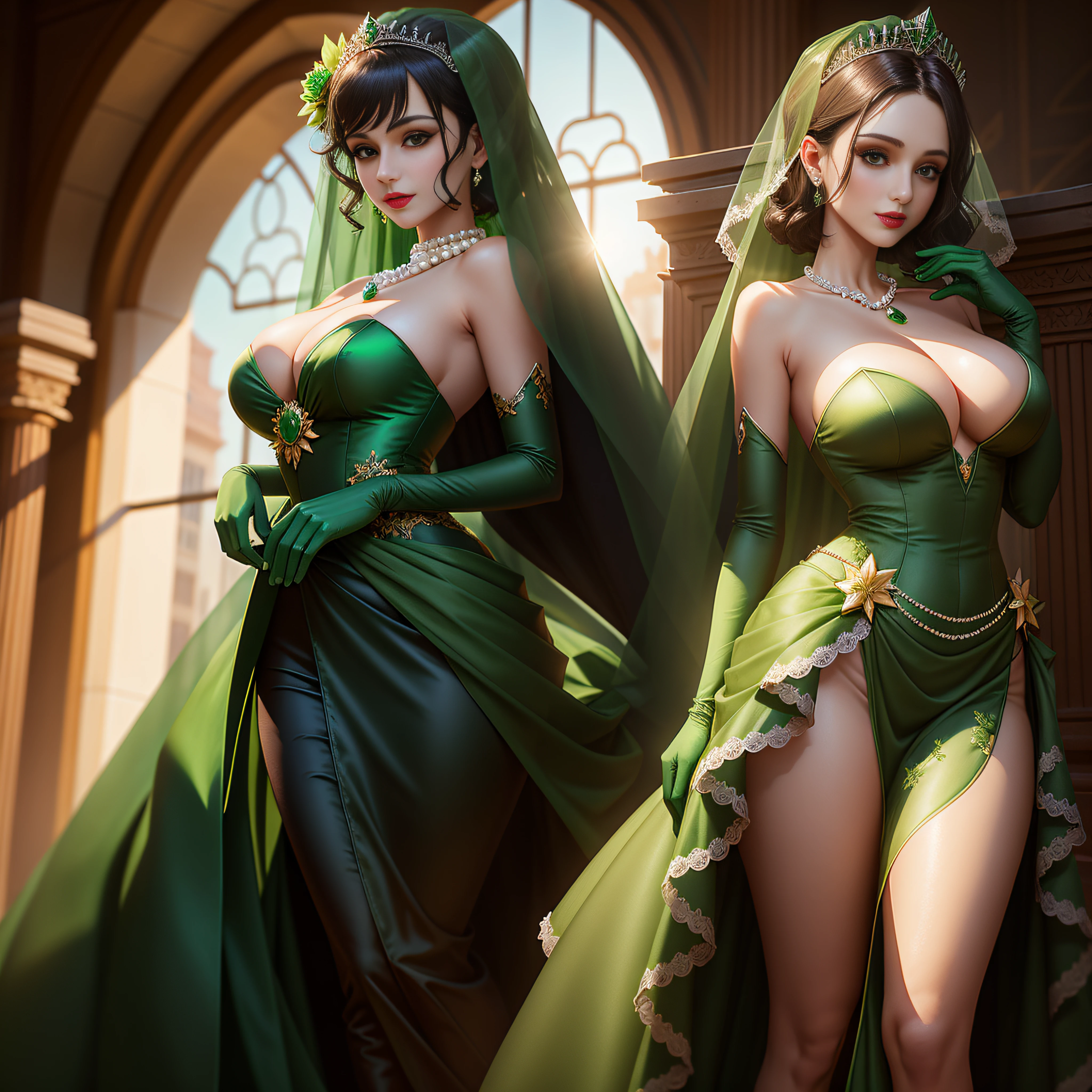 Two women in green dresses pose for photo, Green Dress Flower Cleanser，Sense of atmosphere, best qualtiy，tmasterpiece，1girll，30-years old，Green dress，Daytime Church，full body Esbian, Green gloves，With short black hair,emerald tiara，big breasts beautiful，looking at viewert，ssmile，Green Bridal Veil，Green Long Grove，Satin green long gloves,　lipsticks, Green Pearl Necklace、Green gloves, Short green hair, Green Pearl Necklace, emerald tiara