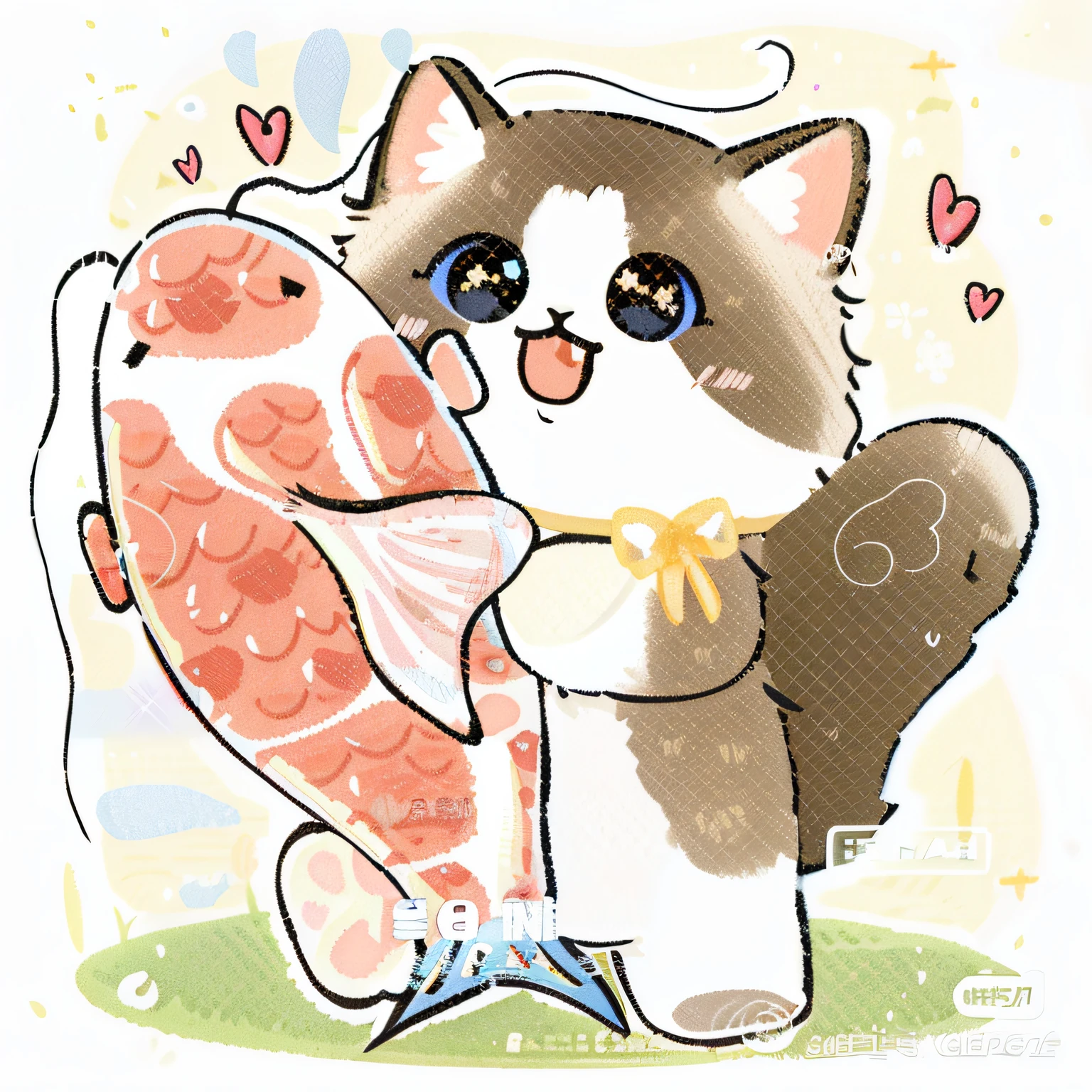 Cartoon cat with a fish in its paw,Hearts fly around, Cartoon Cute, adorable digital art, cute illustration, Kawaii cat, neko, Cute cartoon, cute artwork, Cute detailed digital art, Cute cat, awww, cas, author:Ren Renfa, !!!! cat!!!!, author:Julian, lovely art style, !!! cat!!!, A cute cat