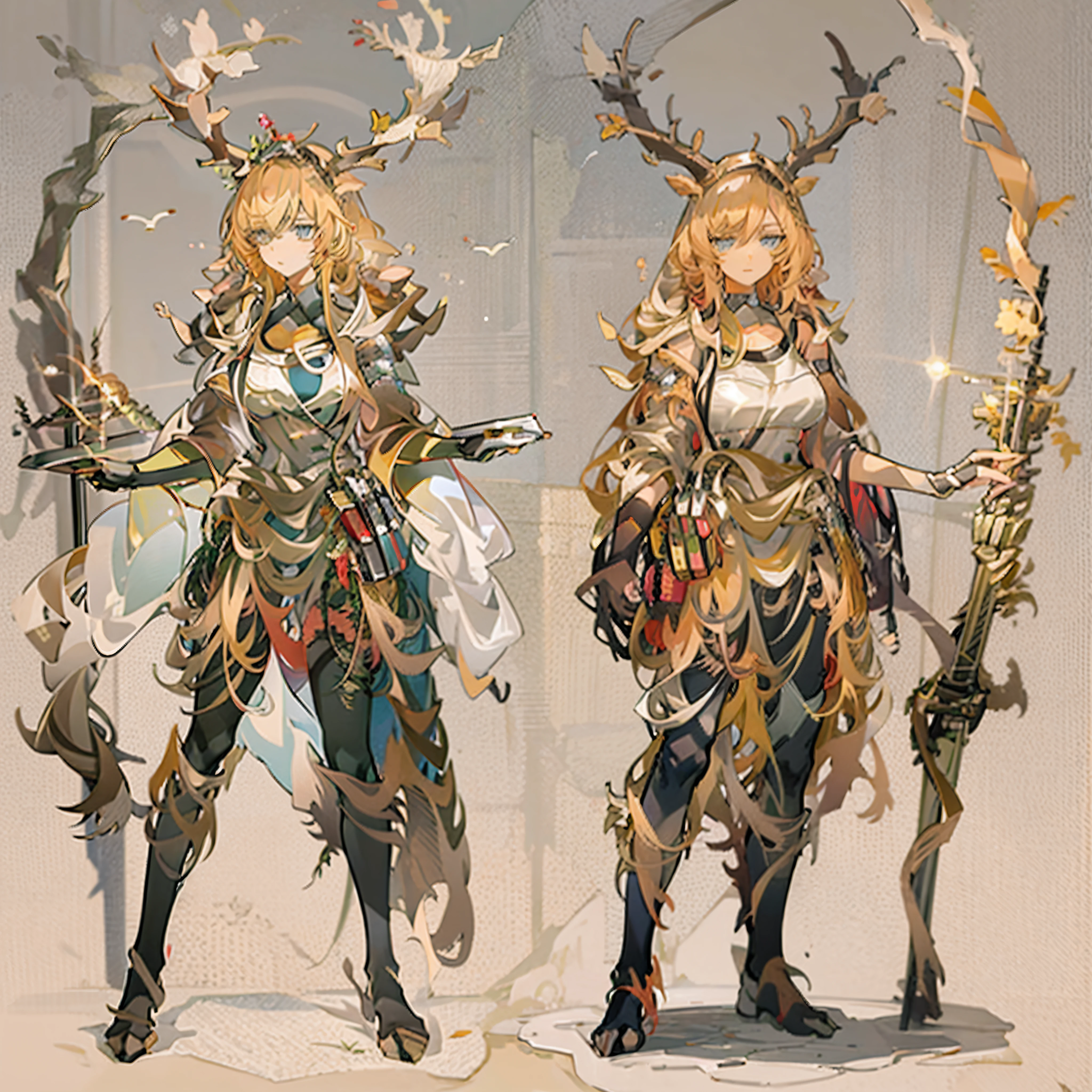 [ Character design ], Female Character, The nature of the adopted child, half deer, 1 satyr girl, Royal hair bangs, Blood balls, suntanned skin, light pink hair, fragile, flying glowing balls above your head, brown-red eyes, Blood Mage, crazy smile, bags under eyes, Cute, depressed, Blood on my feet,  Whole body commission, DND Character, full body character design, Interesting character design, very stylized character design, Whole body to receive, Antlers, Water does, Complete character design, high quality character design, Detailed character design, stylized character design, detailed full body concept, The Art of Character Design, great character design, Concept art, Character Sheet, Fantasy theme, shota, Kemonomimi, water, Cute style, The theme of the ocean, blau, glowing eyes, Highly detailed equipment, multiple views, backboob & front, Outfit detail, short, Shorts, Icons, antique, Magic mechanics