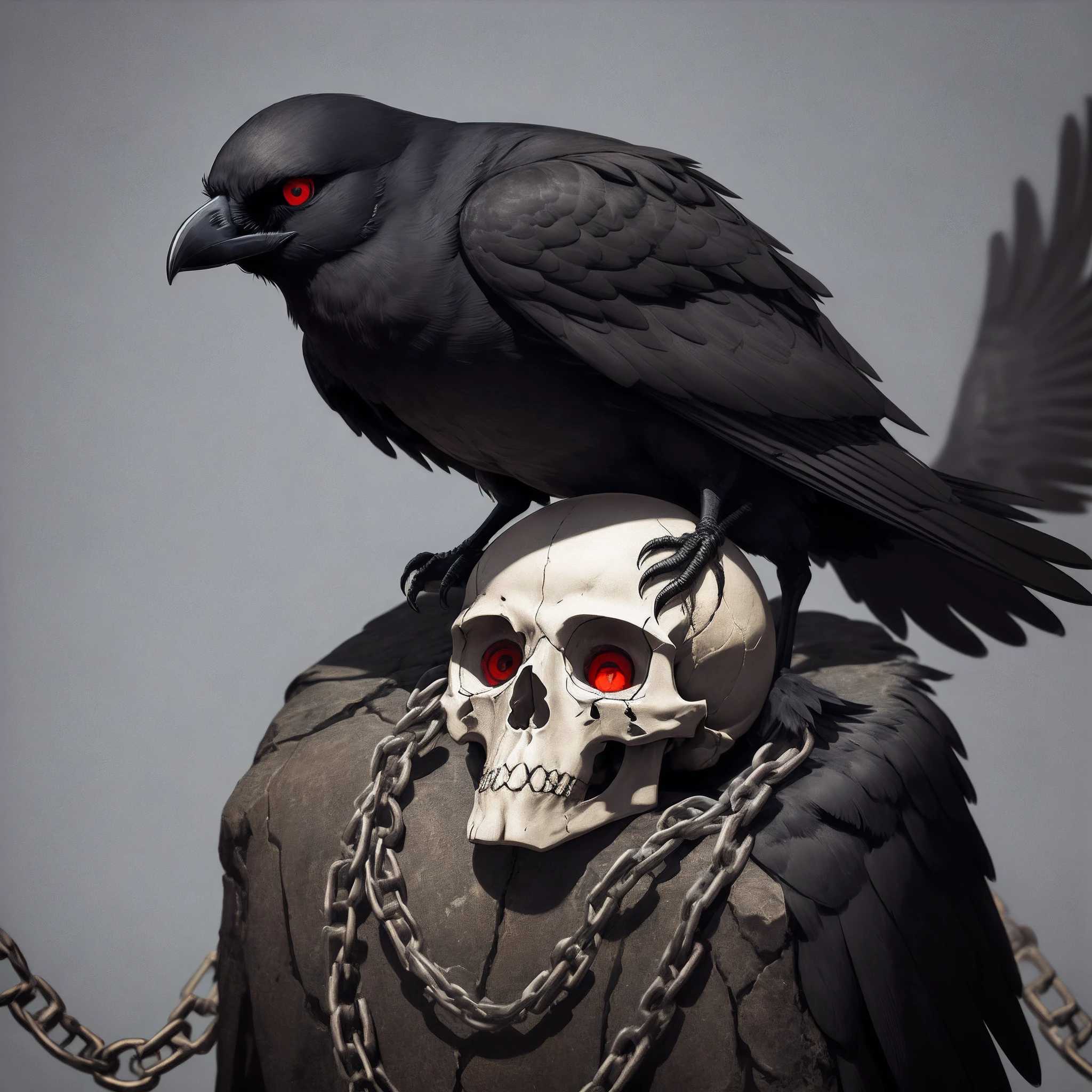 Create a black crow on top of a human skull with red eyes with a chain circle and with black wings with the name LMF