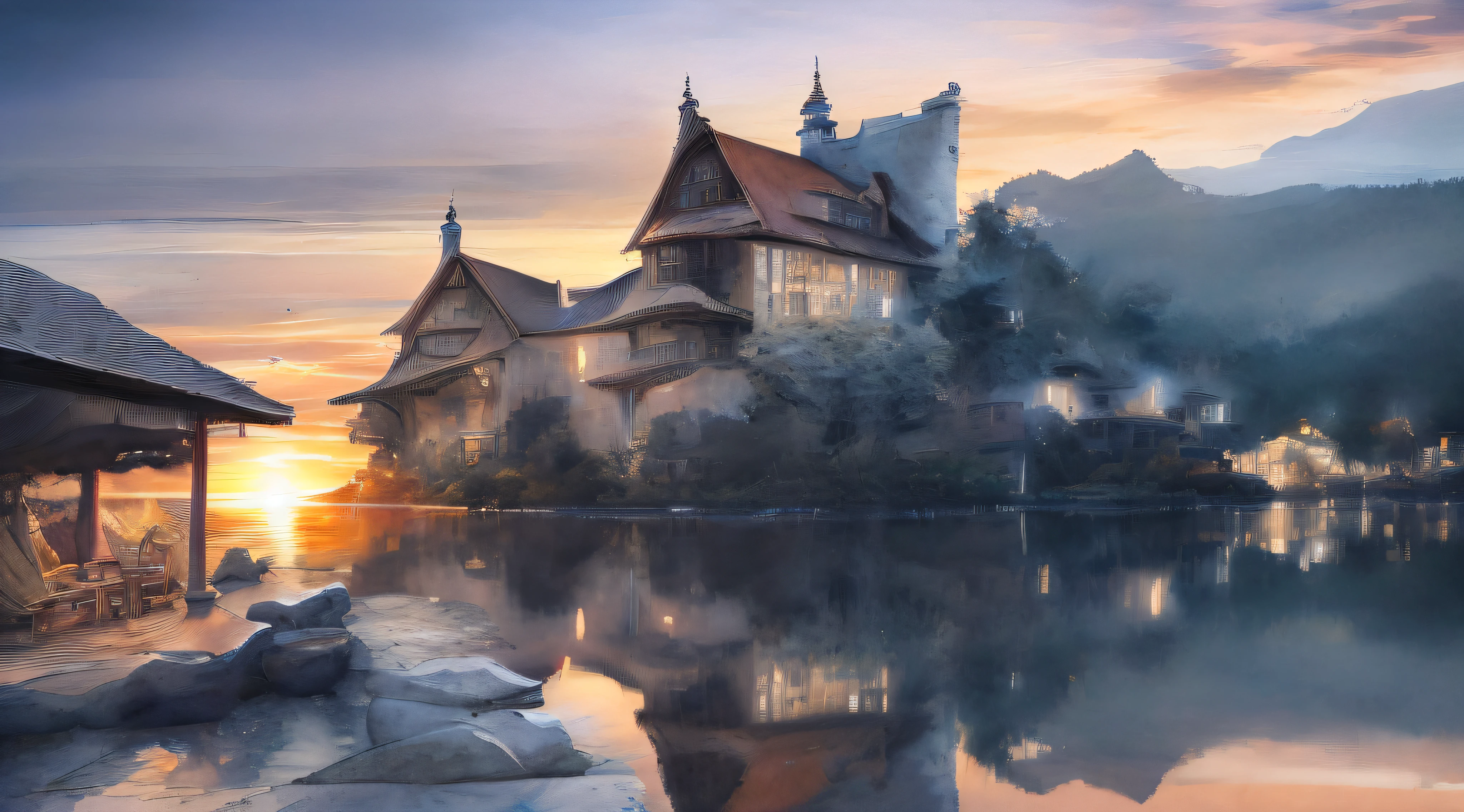 Artistic style, sun set betweens two mountain in to the sea, sun reflect in sea, night and day, ((masterpiece)), (((best quality))), ((ultra detail)), ((illustration)), ((realistic)), (reflections), sharp focus, front lighting, intense shadows,