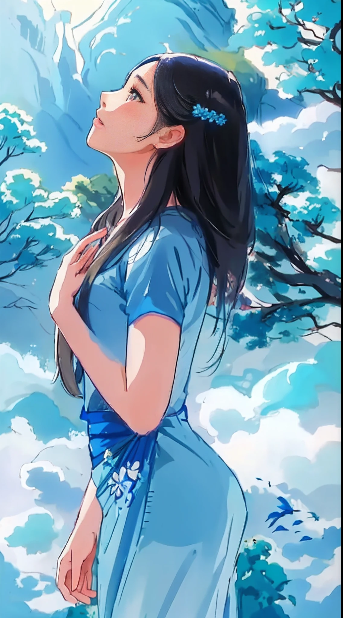 arafed woman in a blue dress standing in a field, side pose, cute elegant pose, attractive pose, beautiful asian girl, very beautiful girl, beautiful pose, asian girl with long hair, asian girl, chinese girl, attractive girl, profile pose, elegant profile pose, with long hair, beautiful model, casual pose, very beautiful photo, beautiful model girl
