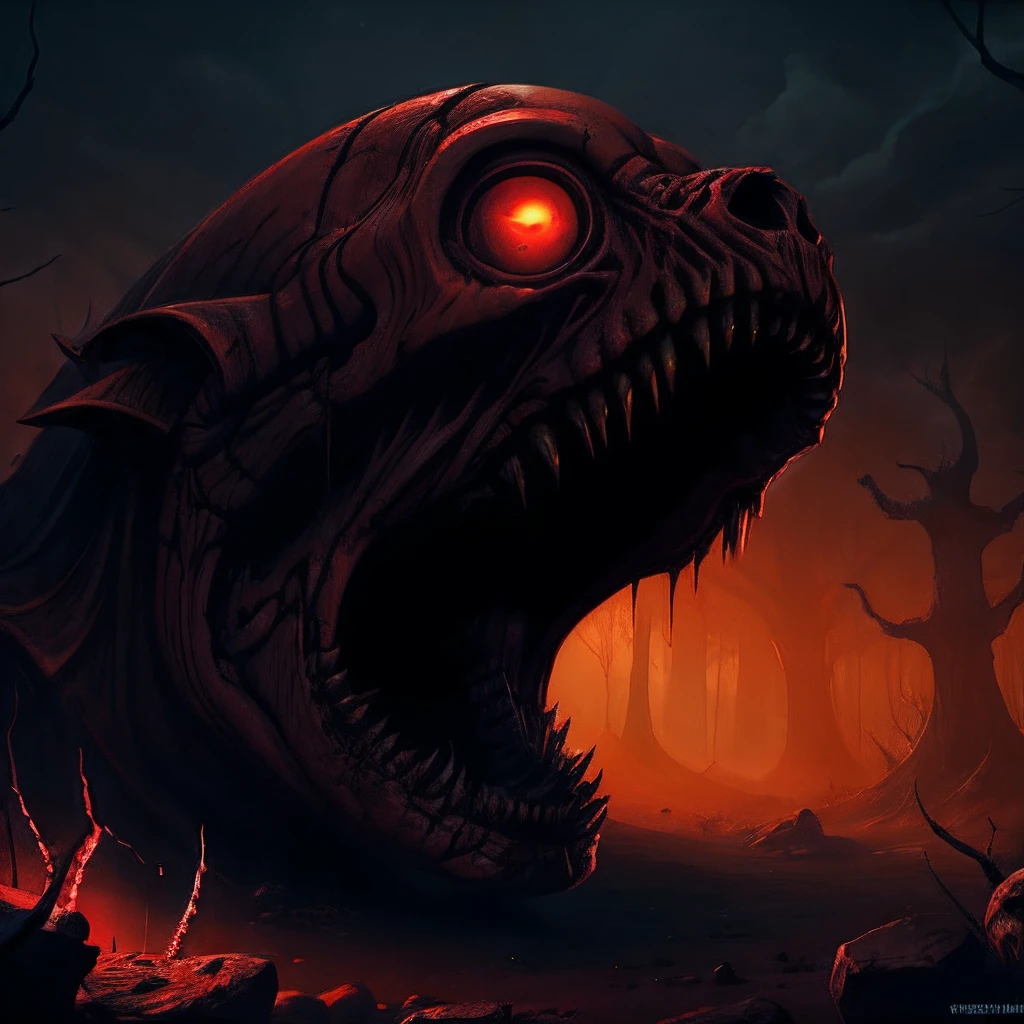 a horrifying terrifying mysterious ominous creepy scary dark cave built out of flesh and monsters, sci - fi, Fantasy, Abstract art, Surrealism, Horror, panorama of a body horror landscape made of blood red flesh and monster faces with eyes and teeth and bones with a yellow and black sky with a massive yellow eye in the distance, Lovecraftian, traditional art, 4 k, HD, Concept art, Digital art, Trending on Artstation