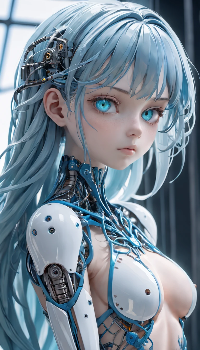 porcelain woman android, cyborg, robotic parts, 150 mm,full body, beautiful studio soft light, rim light, vibrant details,lace, hyperrealistic, anatomical, electric wires, microchip, elegant, laboratory in the background, octane render, H.R Giger style, 8k,blue hair,long hair,translucent plastic body,serene glowing eyes,green eyes, Miki Asai Macro photography, full body, hyper detailed, trending on artstation, sharp focus, studio photo, intricate details, highly detailed, by greg rutkowski