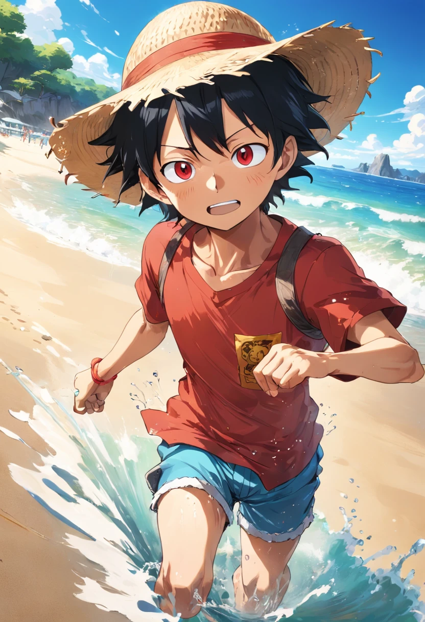 (beautiful beaches),(Clear blue sky),(Golden sand),(calm ocean),(Happy Luffy),(playing in water),(Straw hat),(Red T-shirt),(bright sun),(Dynamic camera angle),(Sparkling water),(Vibrant colors)