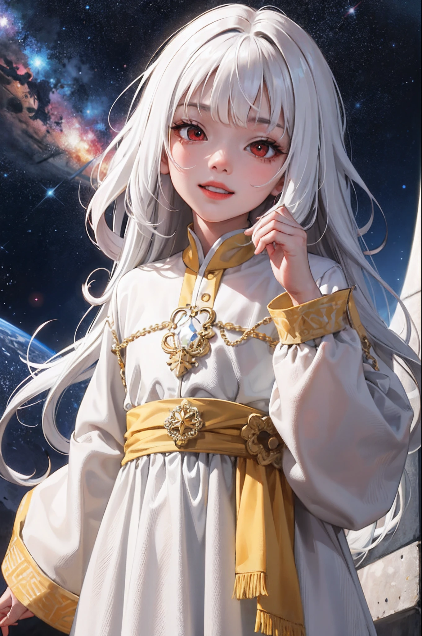 (masterpiece:1.2, best quality), (real picture, intricate details), 1kid, child, small girl, child girl, solo, upper body, space, long hair, minimal makeup, natural fabrics, close-up face, smile, long messy white hair, messy long hair, wavy white hair, wavy long messy hair, white hair, bangs, Korean bangs, bangs on forehead, red eyes, fancy clothing, fancy oversized clothing, long sleeves, clothing galaxy themed, galaxy imprinted oversized, child, kid, small, tiny, 6 years old, yellow sclera, sclera yellow, red eyes yellow sclera