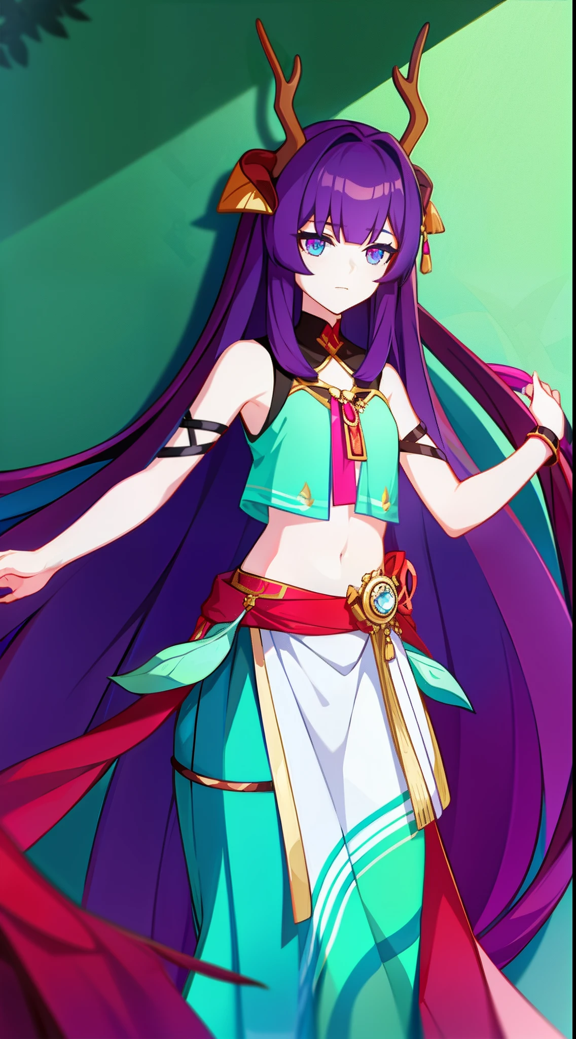 young girl, long purple hair, Cyan eyes, Deer antlers, confusion, Clothes made of leaves, Sleeveless, open belly, Masterpiece, hiquality