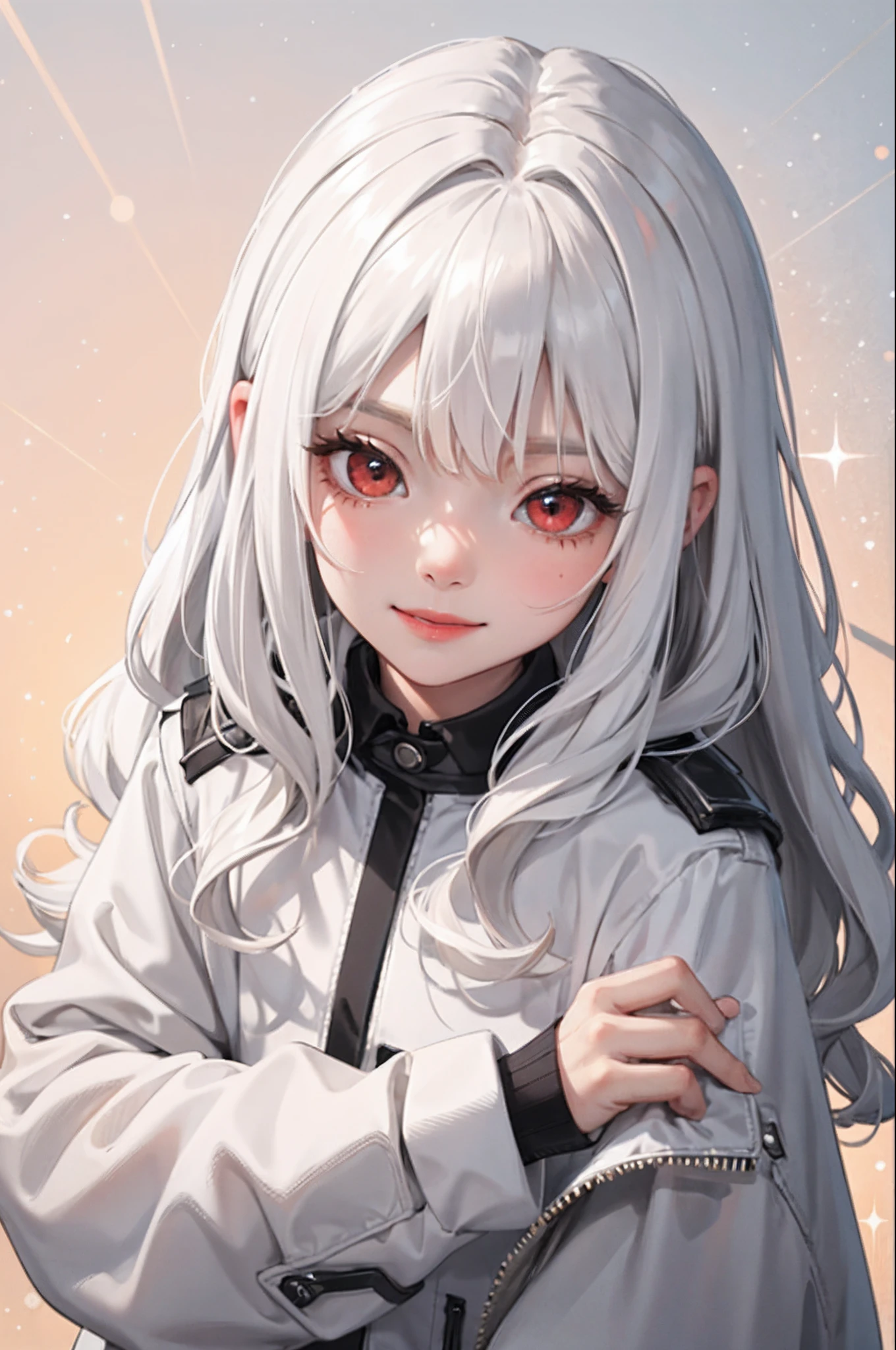 (masterpiece:1.2, best quality), (real picture, intricate details), 1kid, child, small girl, child girl, solo, upper body, space, long hair, minimal makeup, natural fabrics, close-up face, smile, long messy white hair, messy long hair, wavy white hair, wavy long messy hair, white hair, bangs, Korean bangs, bangs on forehead, red eyes, fancy clothing, fancy oversized clothing, long sleeves, clothing galaxy themed, galaxy imprinted oversized, child, kid, small, tiny, 6 years old, yellow sclera, sclera yellow, red eyes yellow sclera