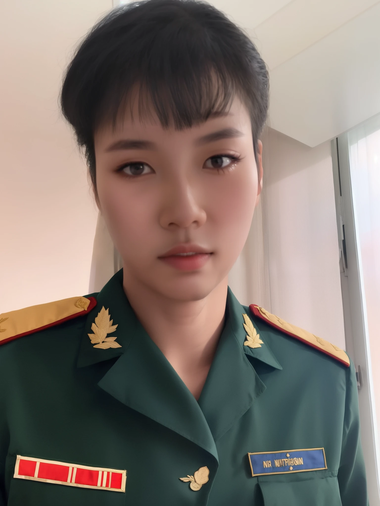 arafed man in uniform standing in front of a window, in military uniform, dang my linh, perfect military composure, 165 cm tall, 155 cm tall, wearing military uniform, bao pham, hoang long ly, professional profile picture, headshot profile picture, phong shaded, in a soldier uniform, 23 years old