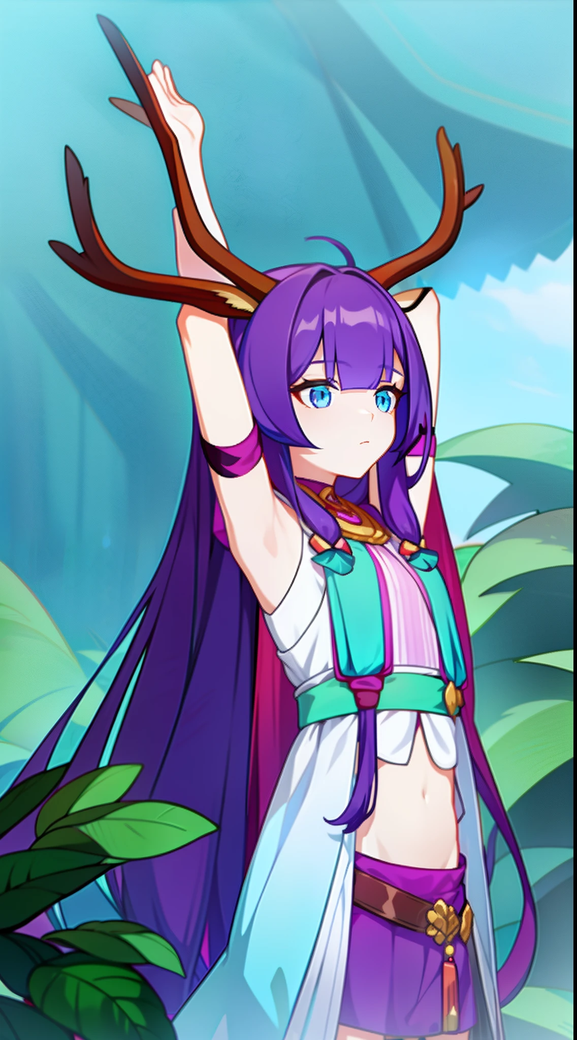 young girl, long purple hair, Cyan eyes, Deer antlers, confusion, Clothes made of leaves, Sleeveless, open belly, Masterpiece, hiquality