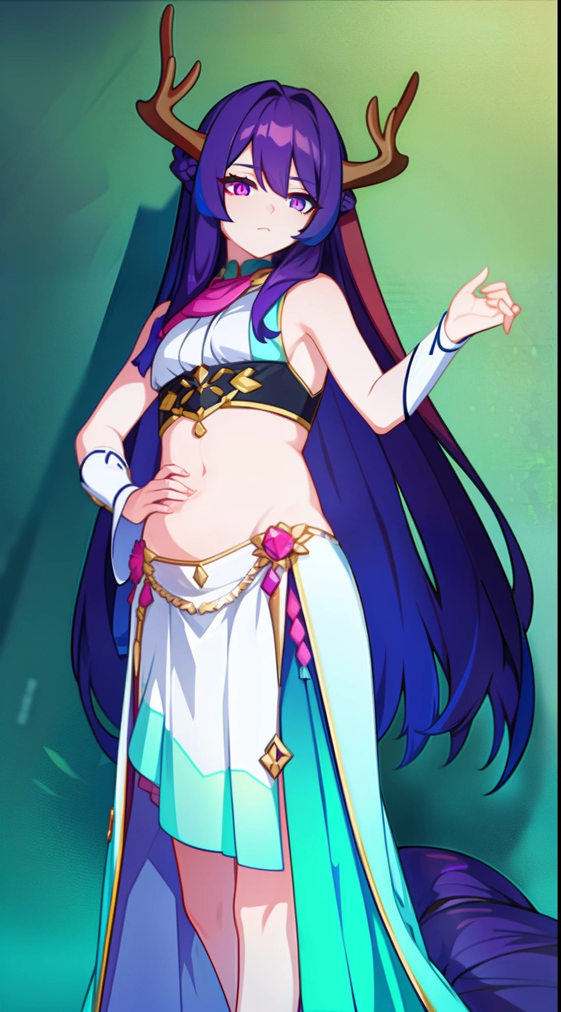 young girl, long purple hair, Cyan eyes, Deer antlers, confusion, Clothes made of leaves, Sleeveless, open belly, Masterpiece, hiquality