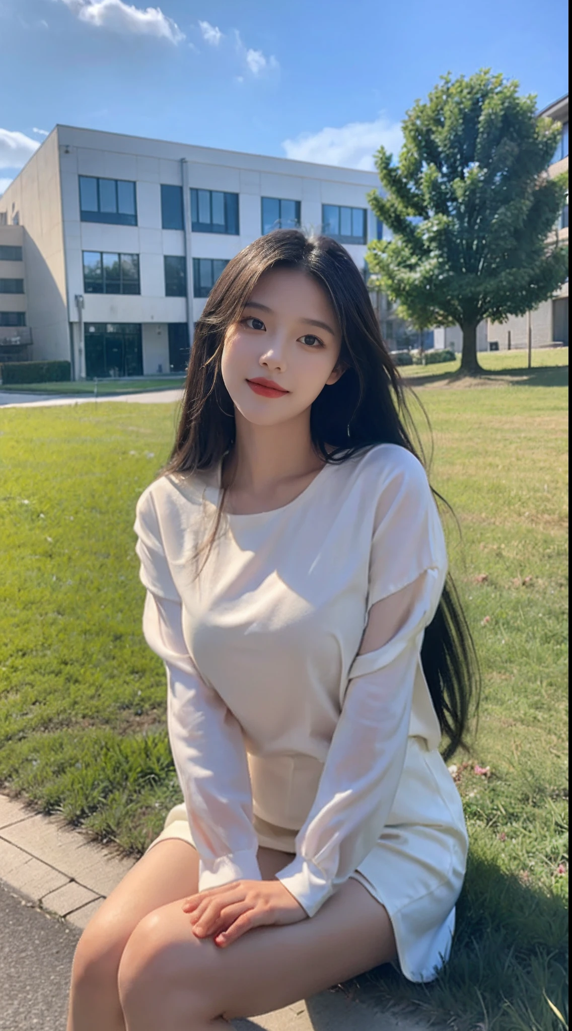 ((Best Quality, 8K, Masterpiece:1.3)), A beautiful girl, pure, melon face, gentle and cute, sweet smile, pure desire, thin figure, (frontal), (tilted head), looking directly at the camera, uniform, obi, formal, black silky long straight hair, long hair flowing over the shoulders, round black big eyes, clear big eyes, moist red lips, sweet, sitting on the side of the road, blue sky and white clouds, grass, buildings,