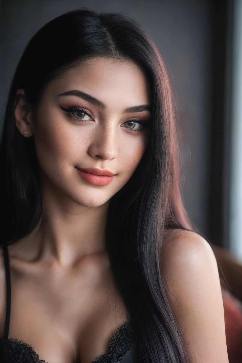 (close-up, editorial photograph of a 21 year old woman), (highly detailed face:1.4) (smile:0.7) (background inside dark, moody, private study:1.3) POV, by lee jeffries, nikon d850, film stock photograph ,4 kodak portra 400 ,camera f1.6 lens ,rich colors ,hyper realistic ,lifelike texture, dramatic lighting , cinestill 800, Nikon 800mm lens, f/4, 5 second shutter. Tall, feminine, Instagram model, long black hair, petite nose, thin eyebrows, posed, confident, smiling, eyeshadow, eyeliner, contour, foundation, Thin black flowy dress, cleavage, glossy