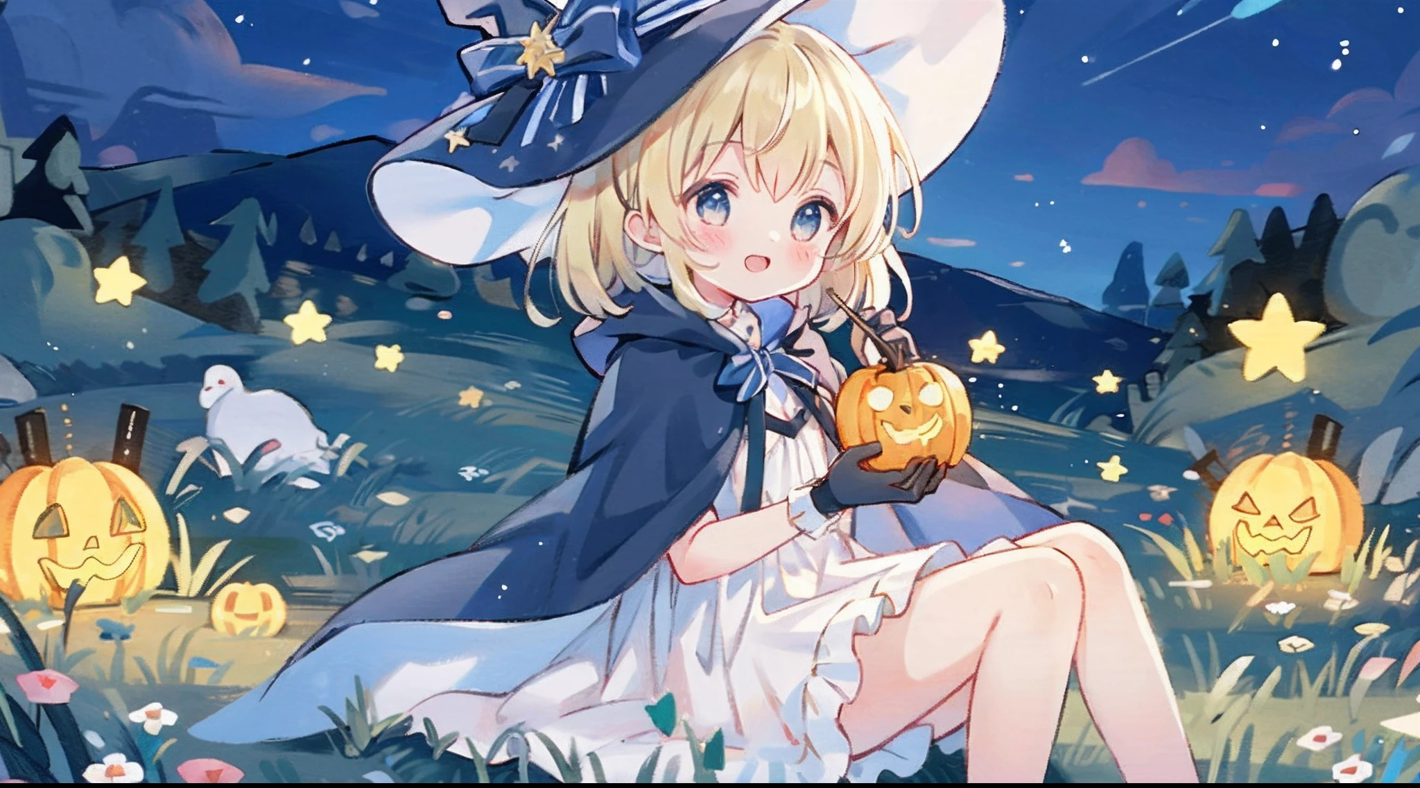 ((masterpiece:1.2, best quality)), 1girl, solo, (witch hat), a close up of a girl witch, dress, aurora night star (sky), gloves, white witch dress, starry sky, light blue eyes, smile, ribbon, cape, magic, casting spell, dark clouds, night, (impressionism:1.4), haunted mansion in background, trick or treating, candy, jack-o-lanterns, pumpkins, glowing lights, magical, whimsical